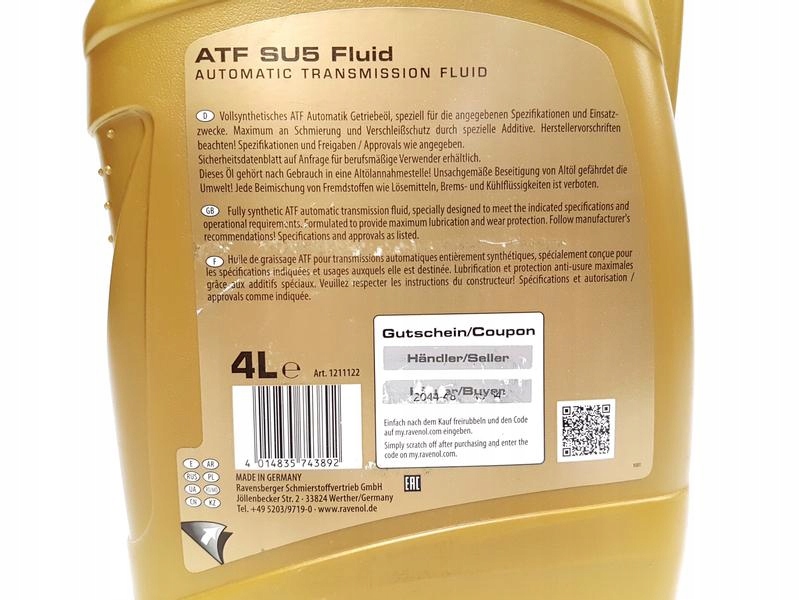 ATF SU5 FLUID 4L ORA OLEJ RAVENOL ATF SU5 FLUID 4L SUBARU CZERWONY / PRZEKŁ Pojemność opakowania 4 l