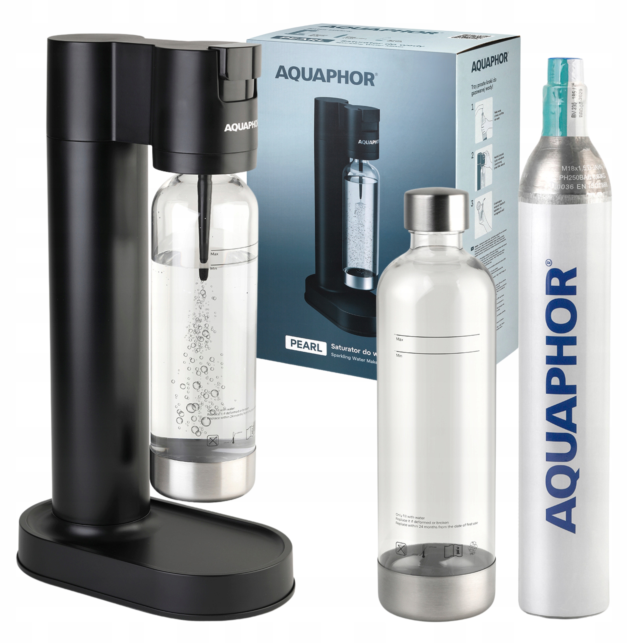 Saturátor Aquaphor Pearl na sýtenú vodu čierny fľaša Bombička s plynom