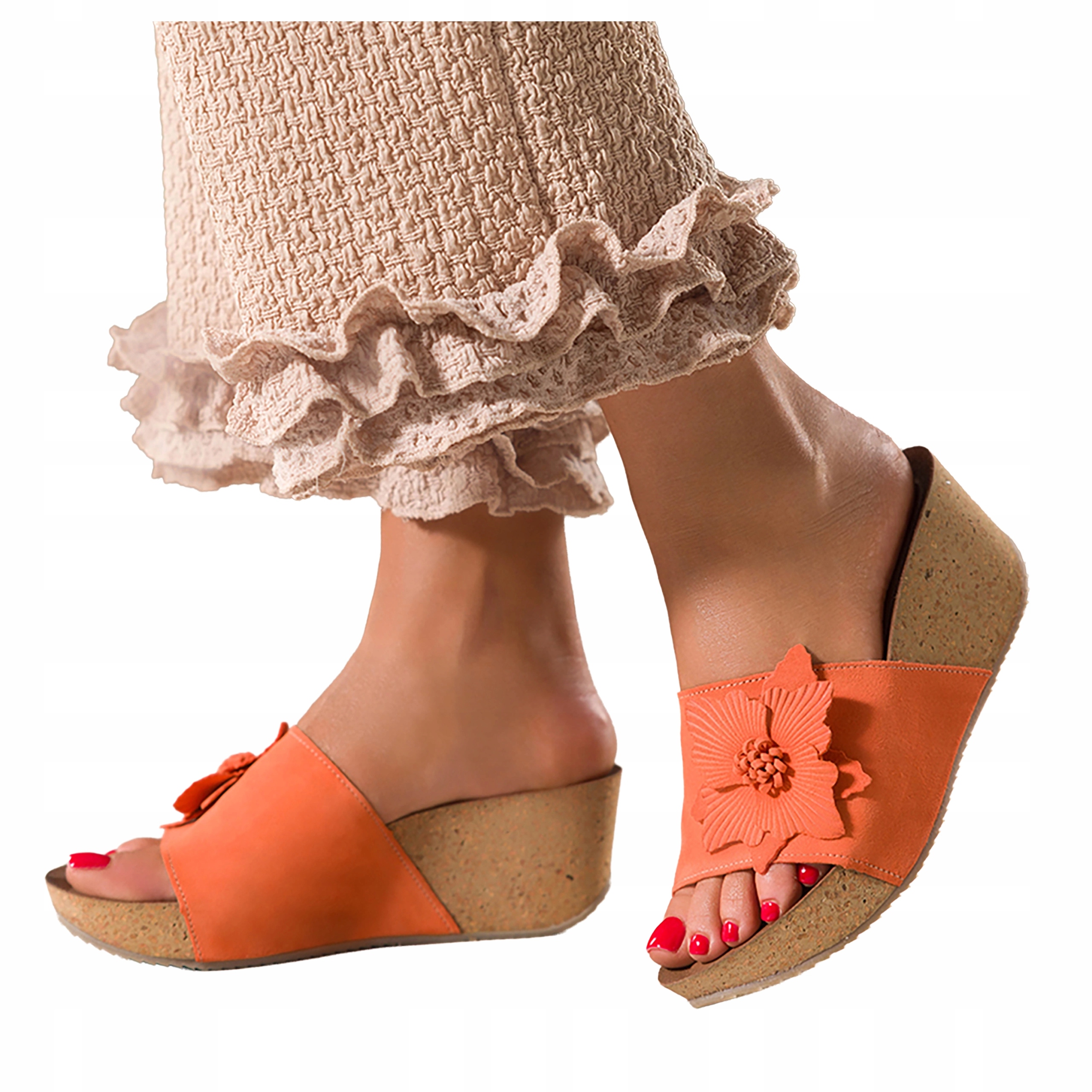 Nazouváky Oranžové Dámské Kožené Na Koturně Pásek S Květinami Modne r 39