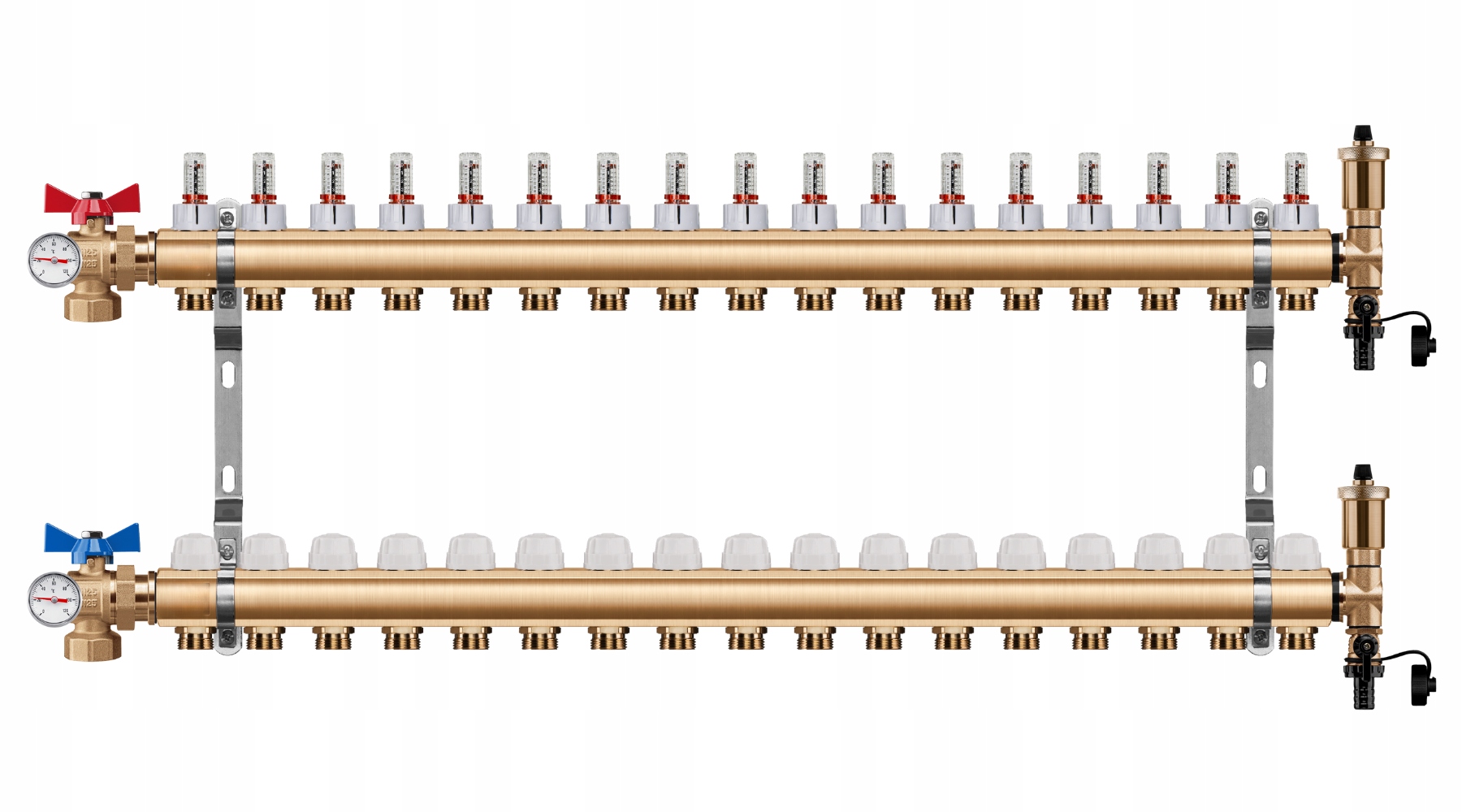 Rozdělovač Podlahy 17 Okruhů Úhlový Kulový Ventil Teploměr Pex