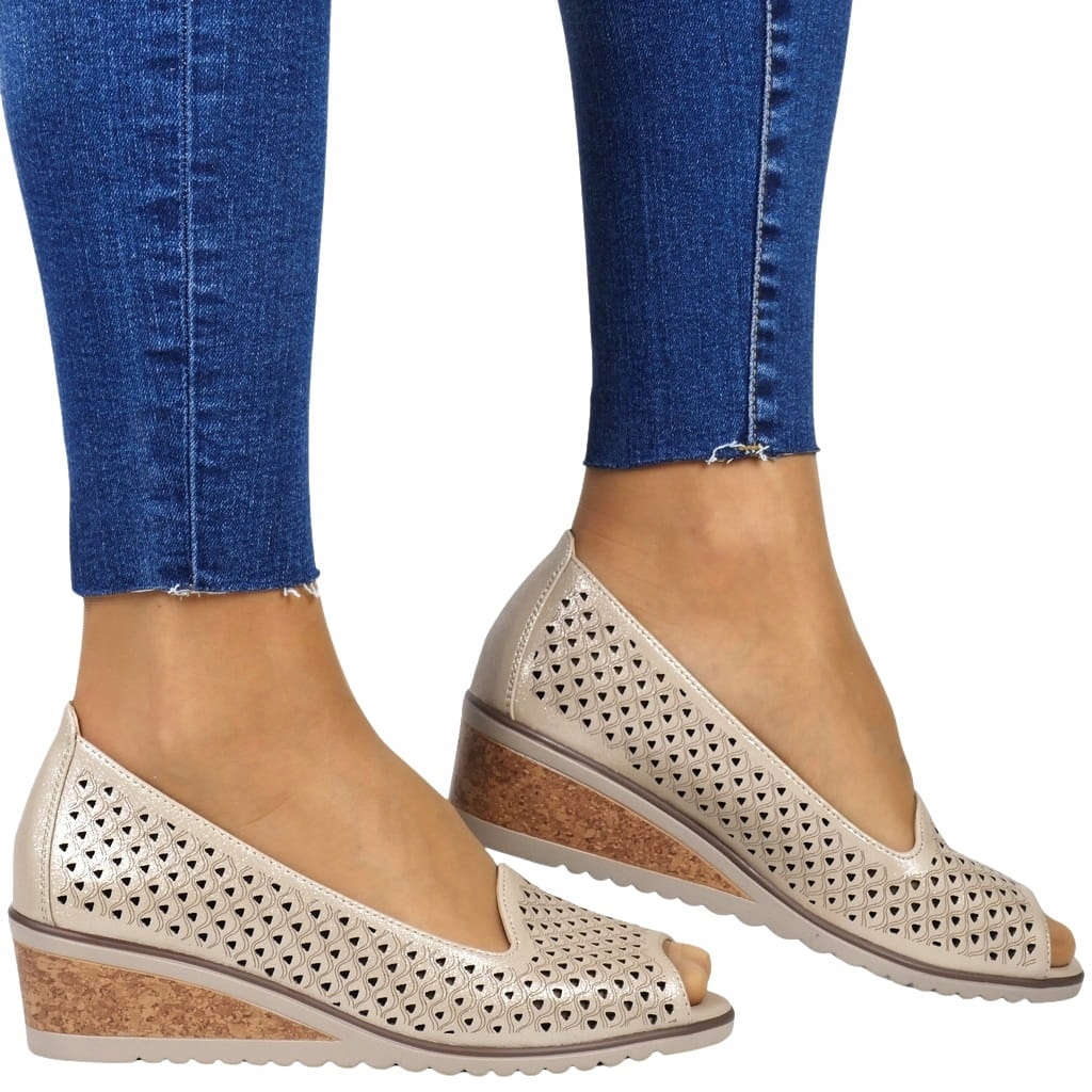 iButy Dámské Ažurové Polobotky Na Koturně Zlaté Prodyšné Pohodlné