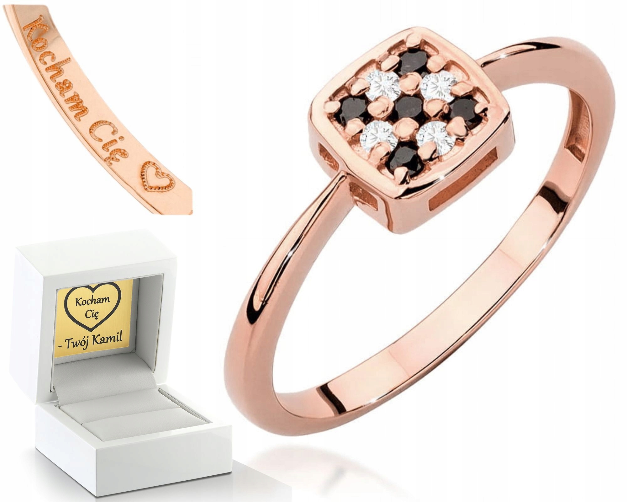 Růžové Zlato Prstýnek Černé A Bílé Brilianty Gravírování 585 Dárek