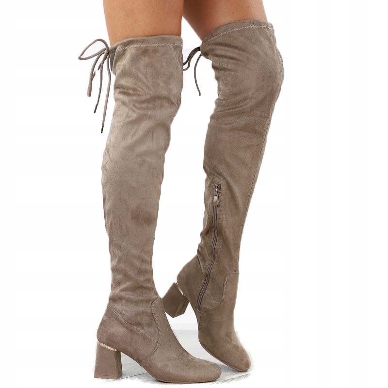 Béžové dámské kozačky za koleno, zateplené semišem na podpatku