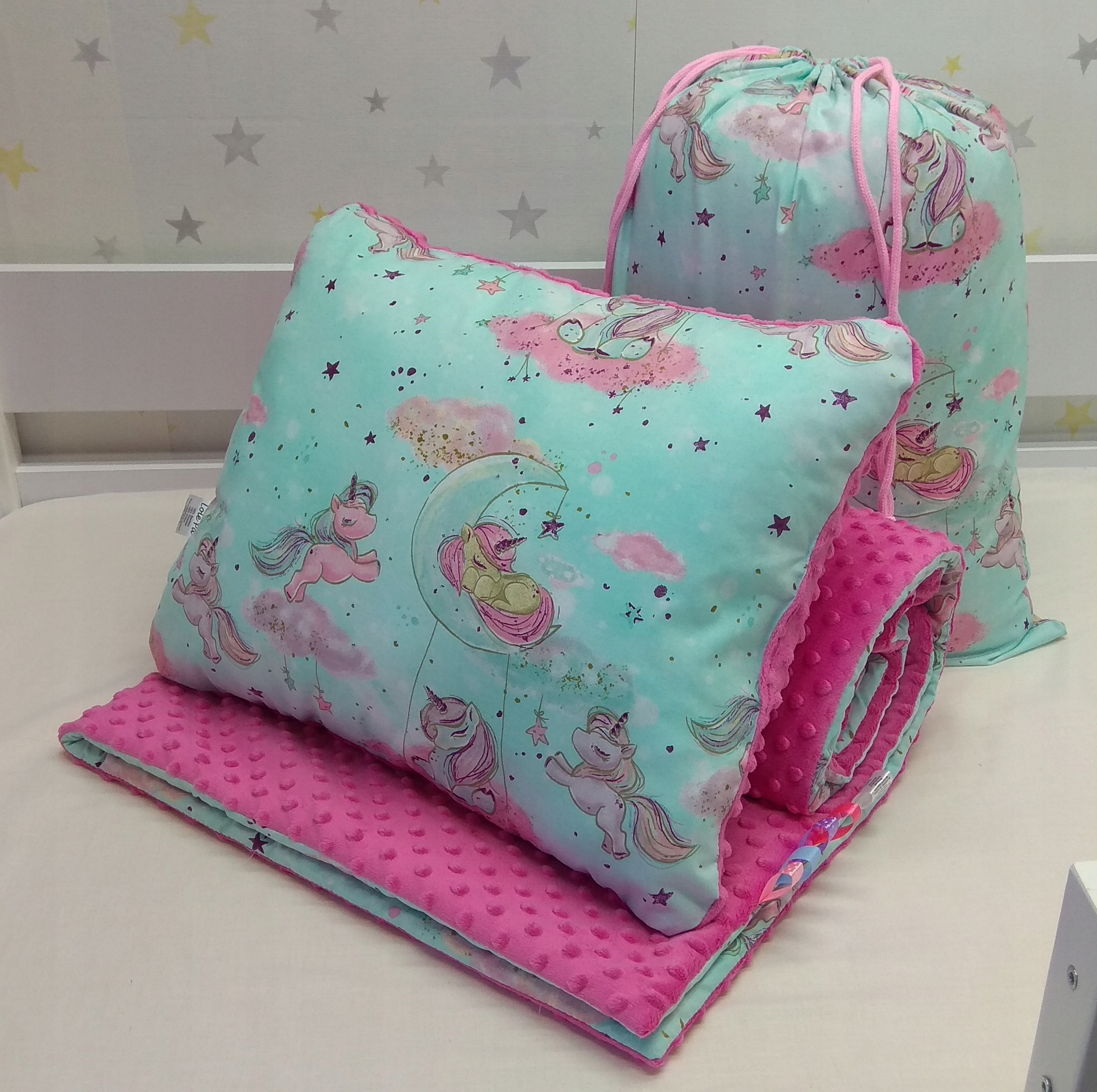 Komplet Minky Przedszkolaka kocyk +poduszka +worek