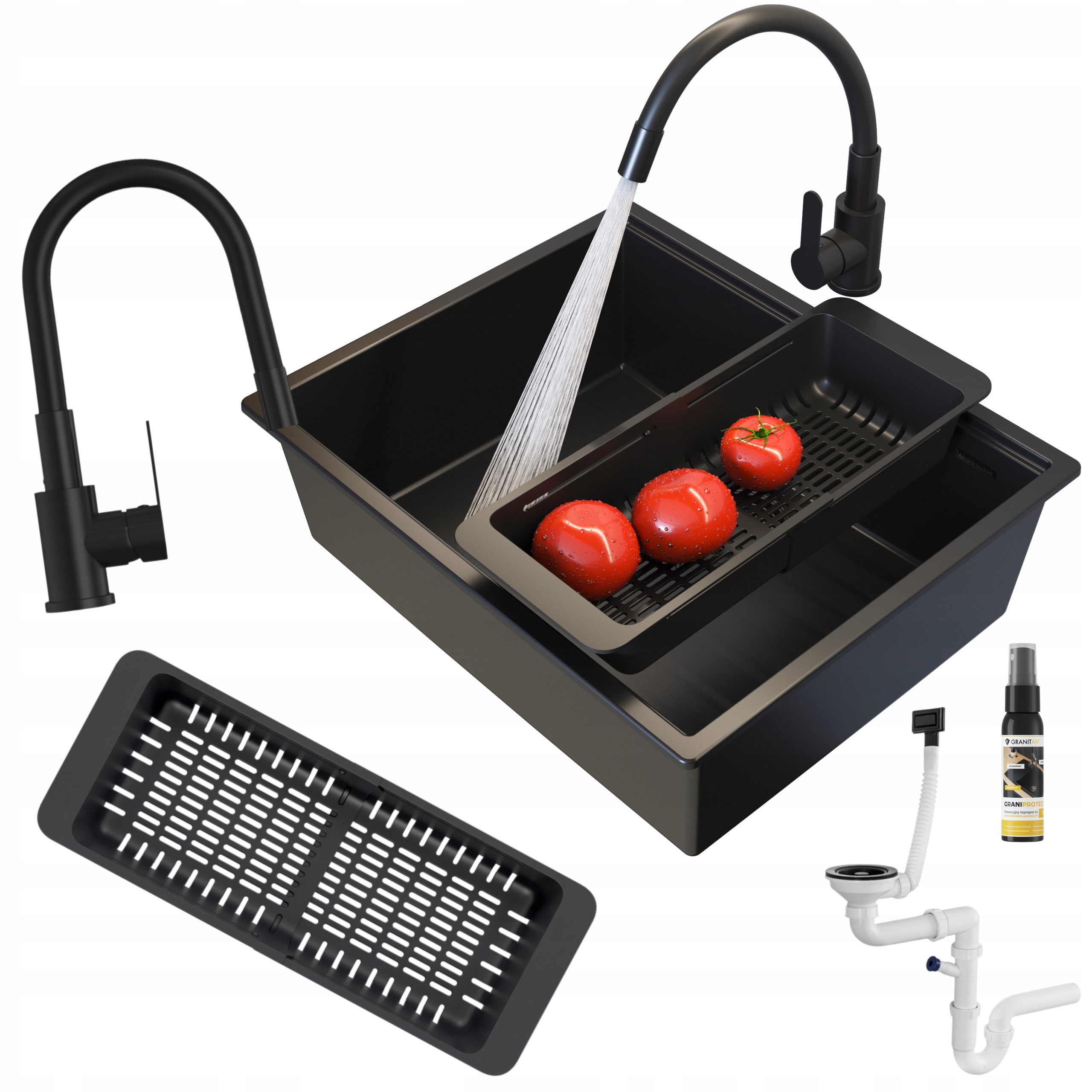 Jednokomorový granitový drez pod dosku Sinko, sada sifónových batérií