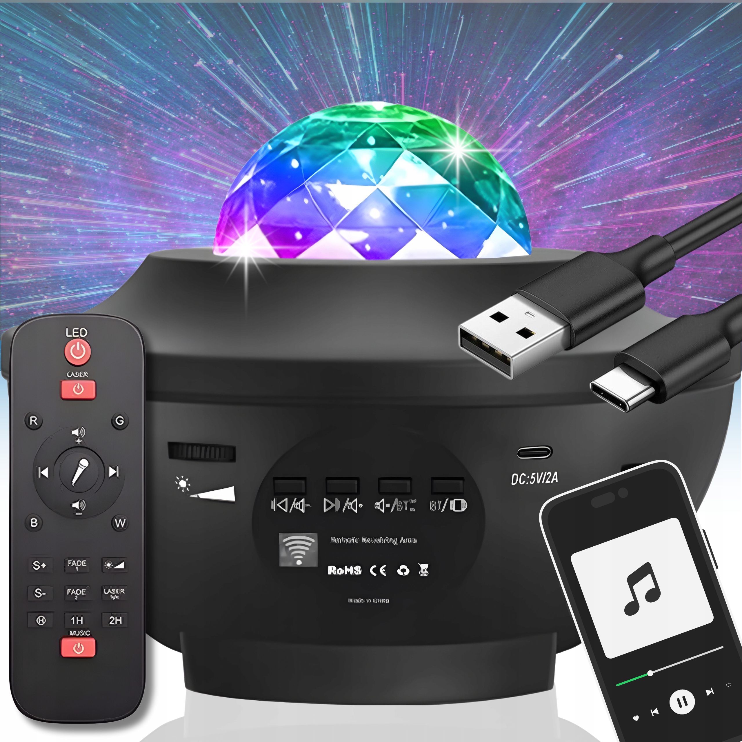 PROJEKTOR GWIAZD LAMPKA NOCNA LED GŁOŚNIK USB RZUTNIK NIEBA PILOT BLUETOOTH