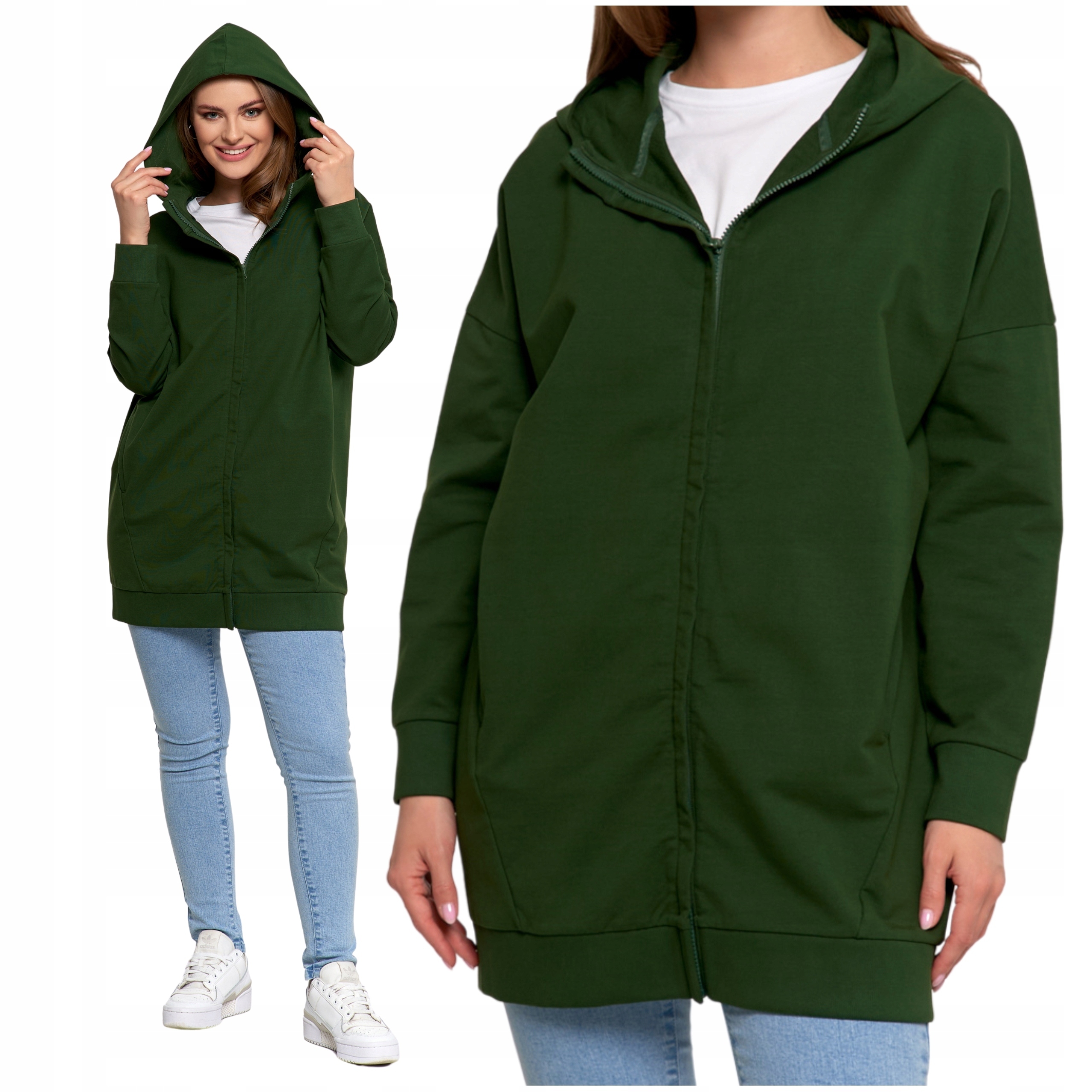 Volná Rozepínací Mikina, Dlouhá, Hladká, S Kapucí Moraj Xs/s