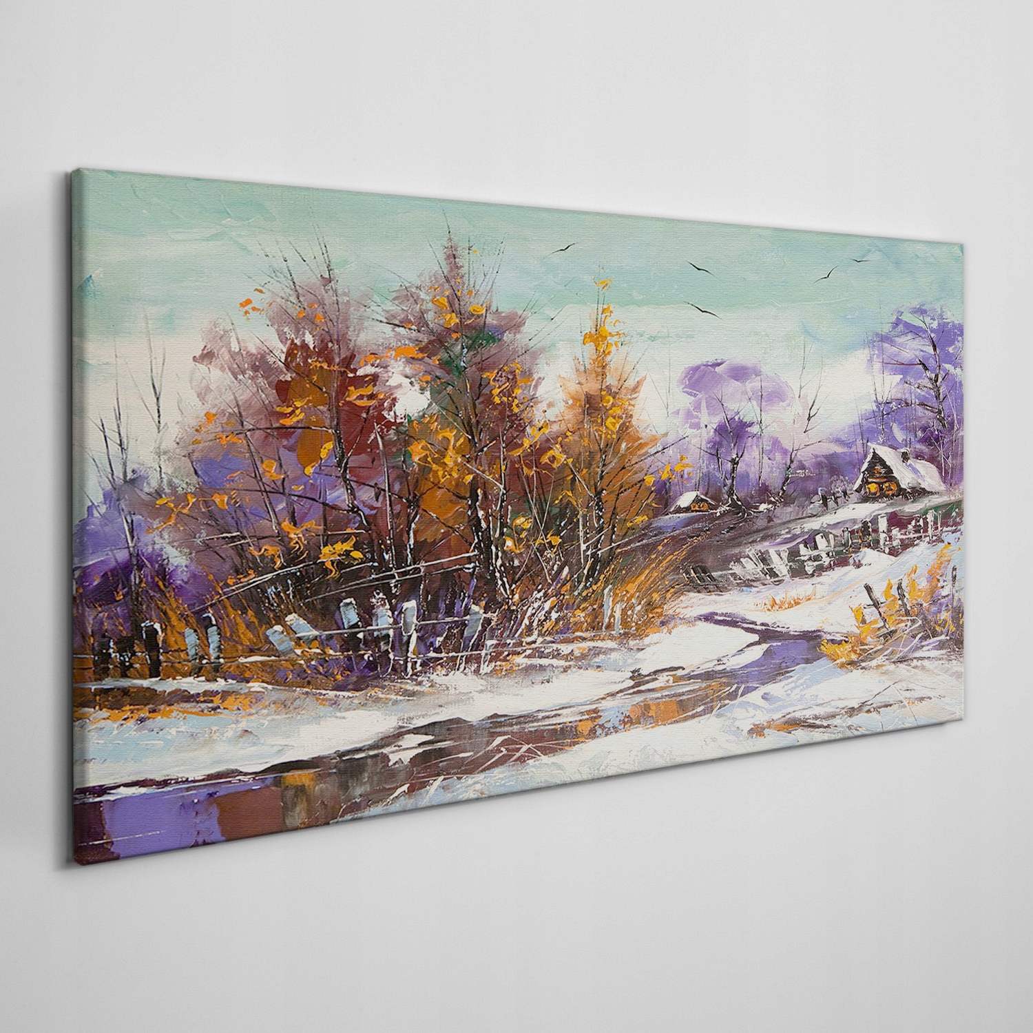 

Obraz płótno Zima śnieg drzewa chaty rzeka 120x60