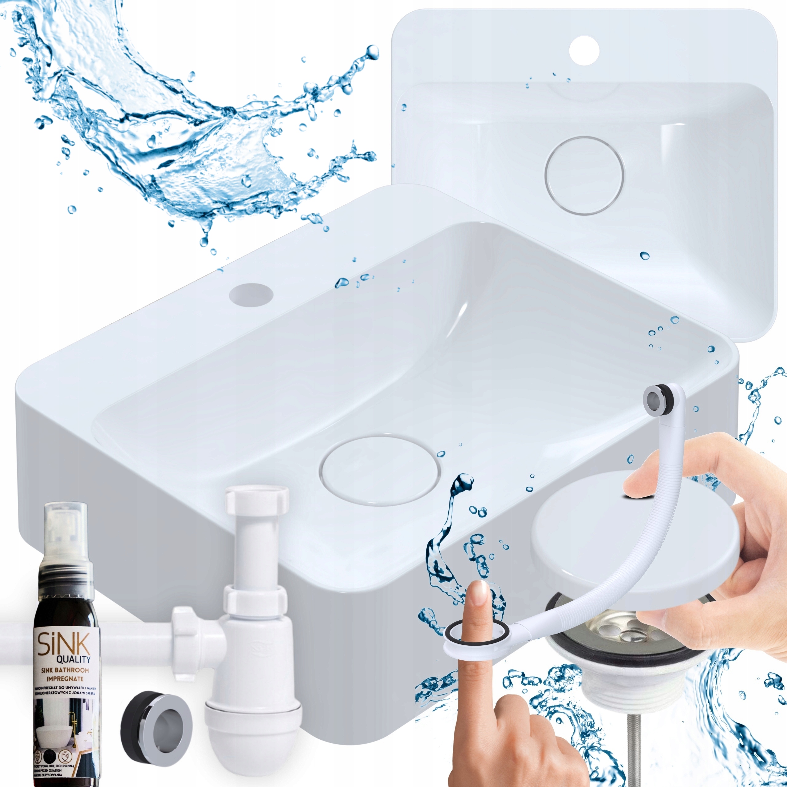 Umyvadlo na desku konglomerát S Přepadem Sifonem a Impregnací Bílá 7v1