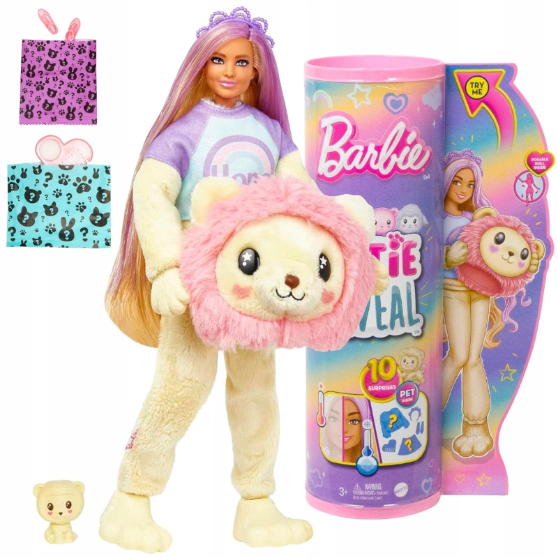 BARBIE CUTIE REVEAL LALKA LEW PRZEBRANIE + 10 NIESPODZIANEK TUBA ZESTAW ...