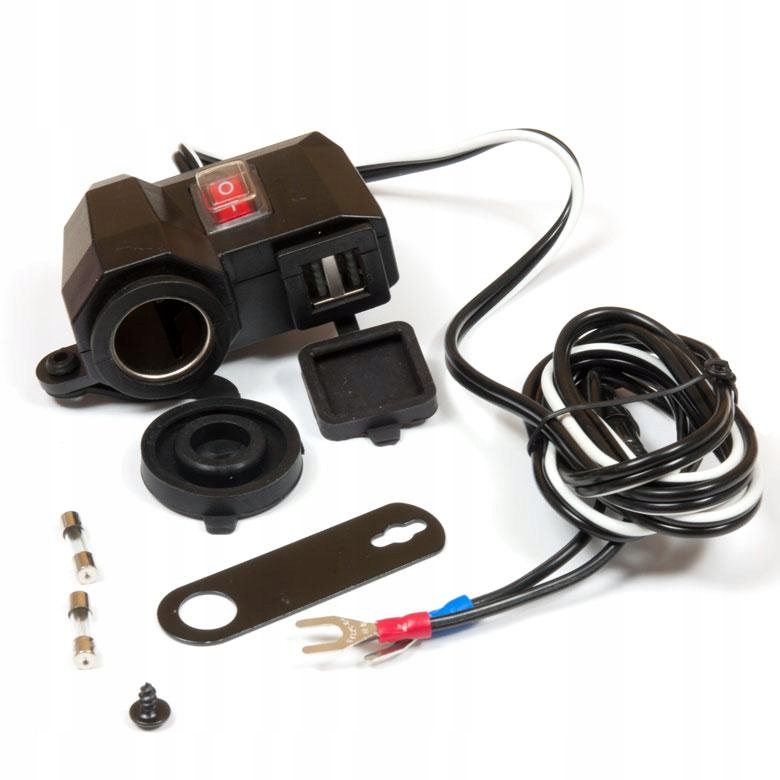 MOTOCYKLOWE GNIAZDO ZAPALNICZKI Z DWOMA GNIAZDAMI USB MONTAŻ POD LUSTERKO