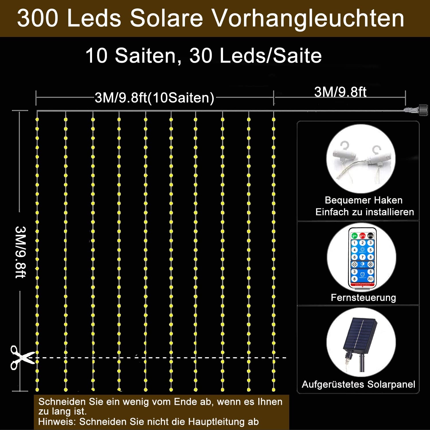 REDEFUN Zasłona Świetlna Solarna 3x3m 300LED 8 Trybów Wodoodporna Pilot — miniatura 4