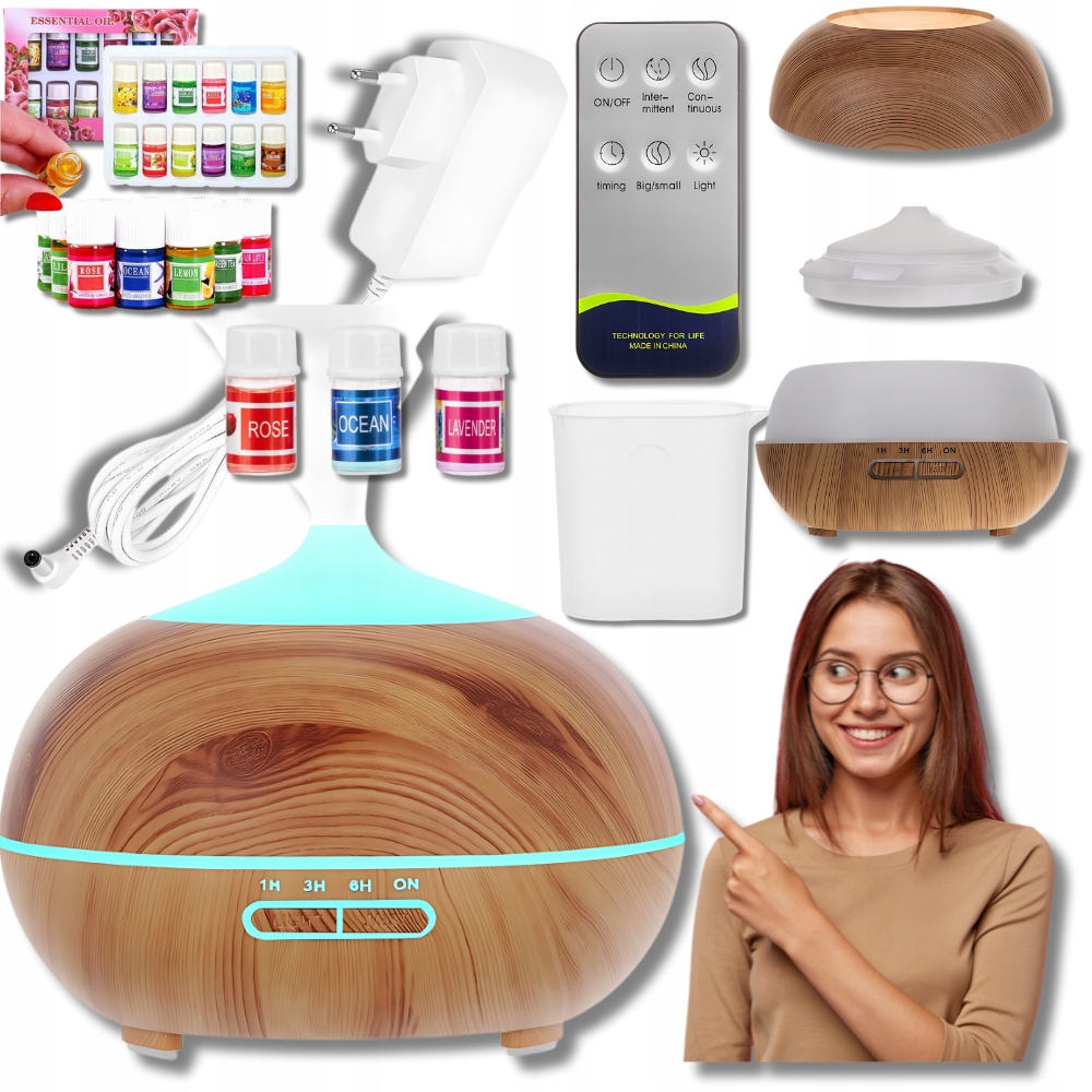 Nawilżacz Powietrza Aromaterapia Dyfuzor zapachowy Pilot 15 olejków Lampka