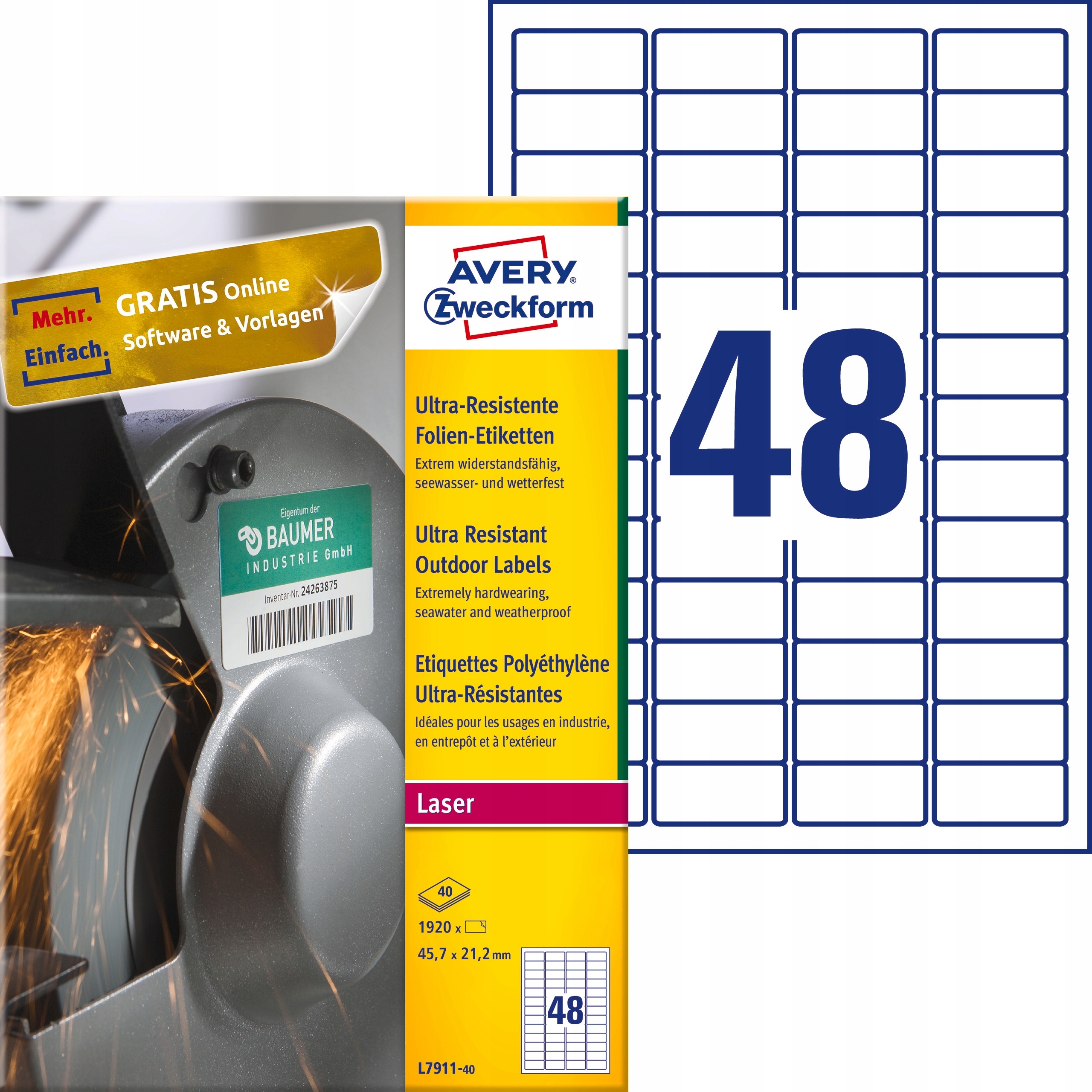 Etykiety foliowe A4 do druku, Avery 45,7x21,2mm Ultra Resistant L7911-40