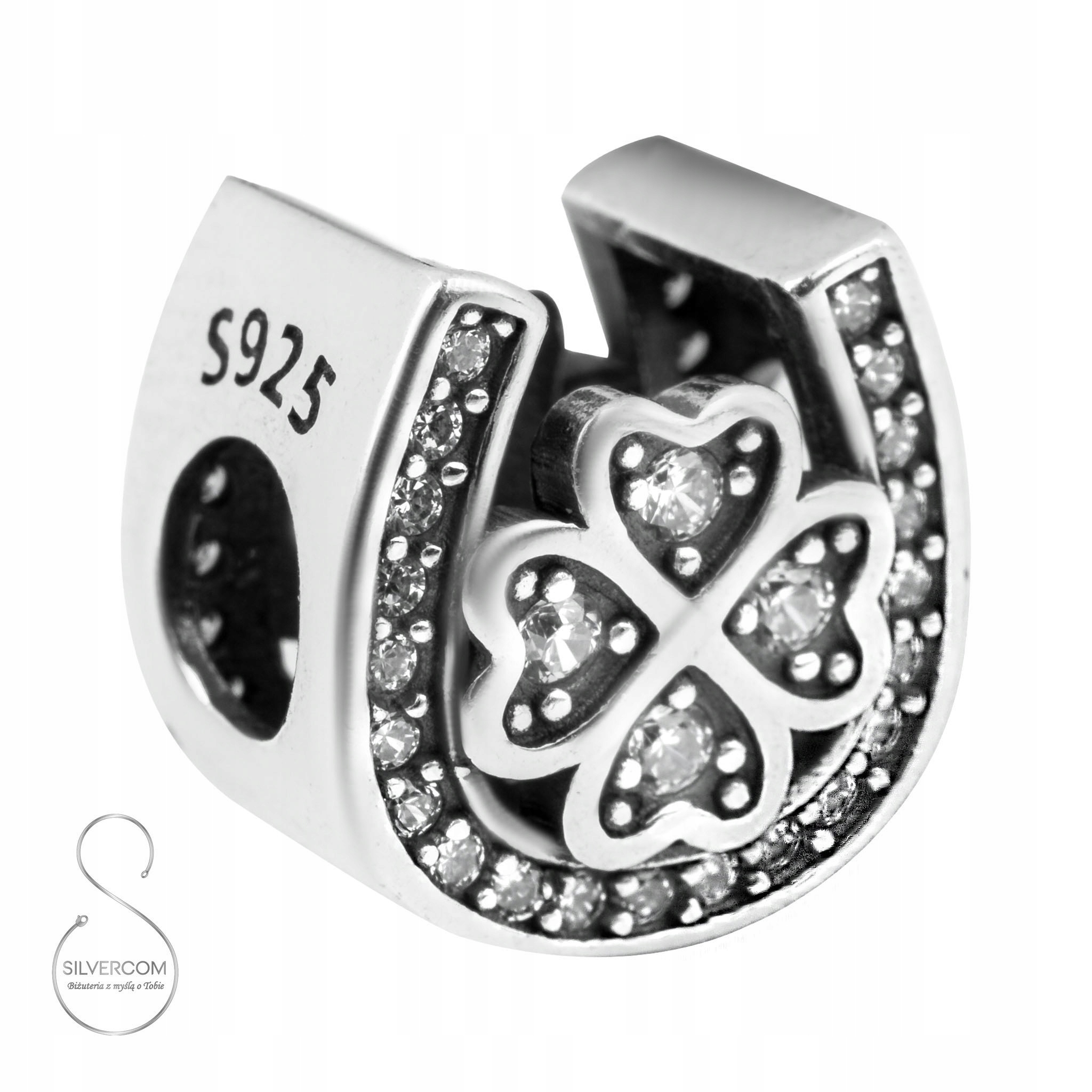 Charms Stříbrný Ag925 Podkova Jetel Naštěstí Zirkony Jako Dárek