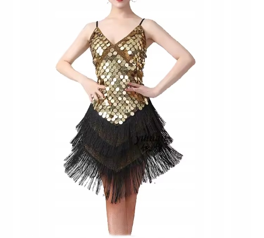 Sukienka Do Tańca Damska Latino Strój Złoty Czarny Z Frędzlami S M 2725