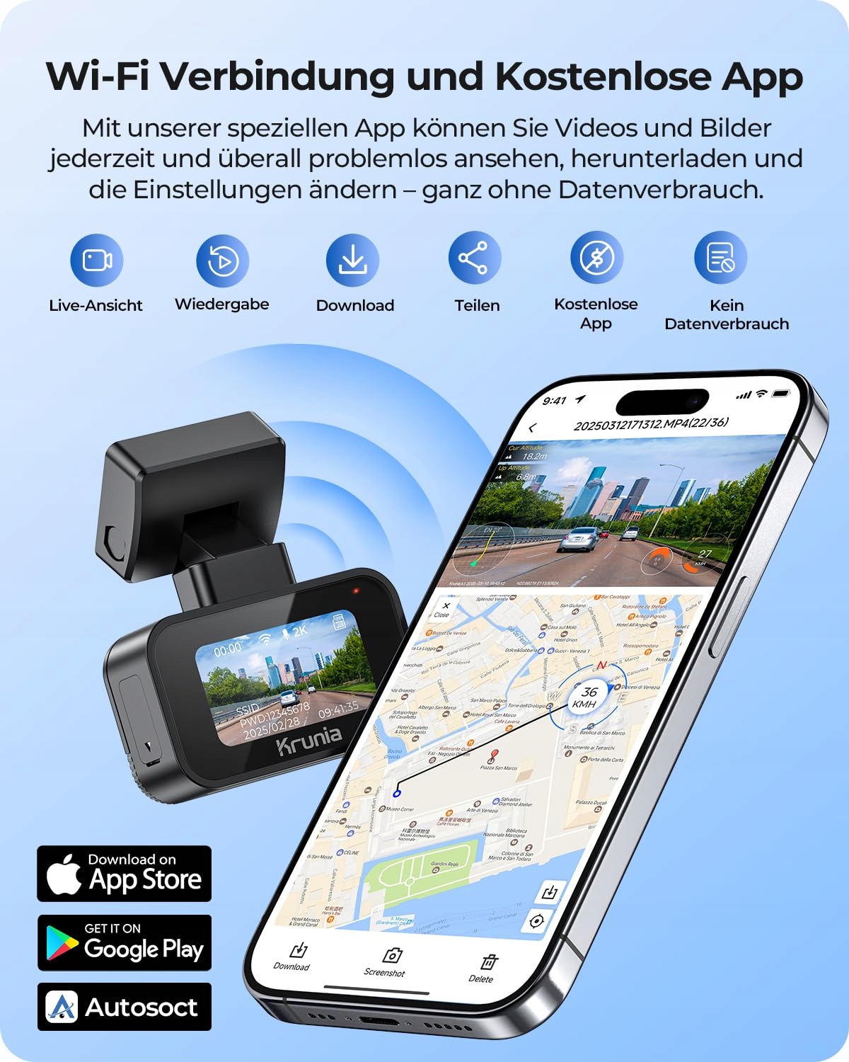 KRUNIA 2K WiFi Kamera Samochodowa GPS WDR Nocny Tryb 170° Kąt Widzenia — miniatura 3