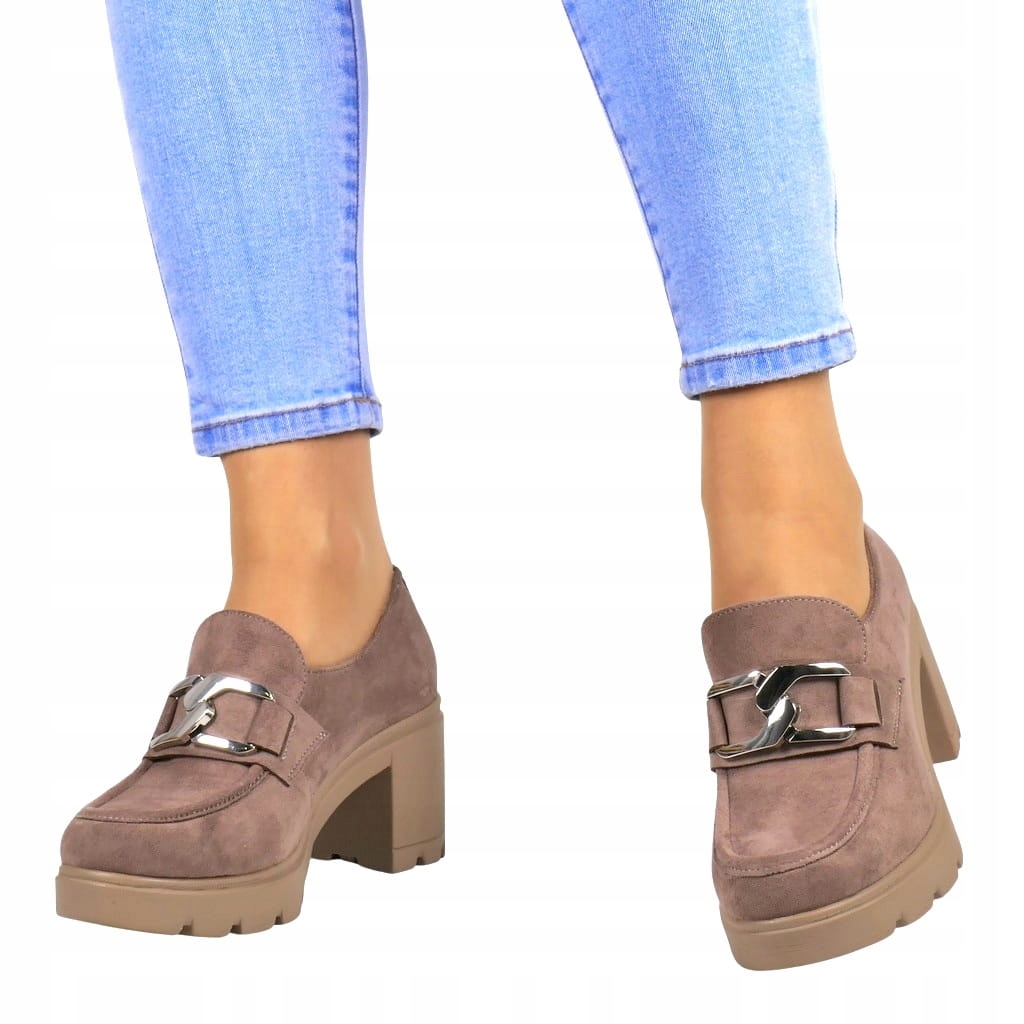 KHAKI CIEMNE BEŻOWE BUTY MOKASYNY NA SŁUPKU PÓŁBUTY LEKKIE WKŁADKA SKÓRA