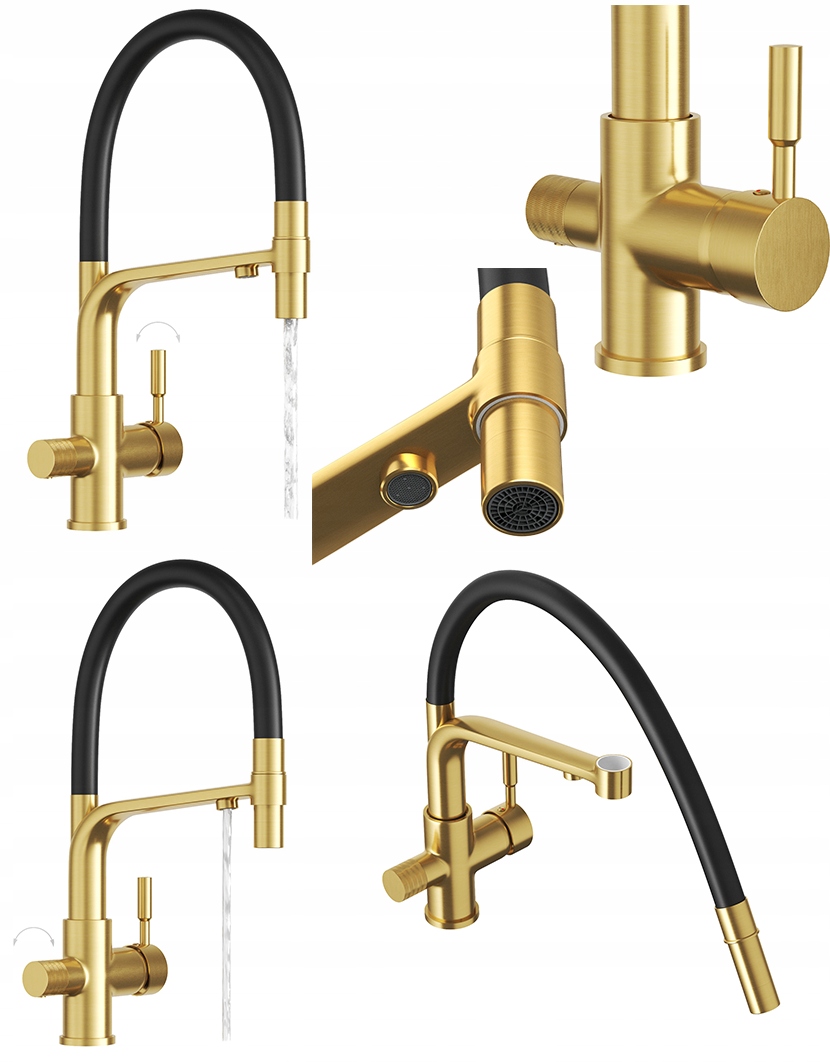 Trojcestná kuchynská batéria Malta zlatá pre vodný filter kohútik, výtokový filter