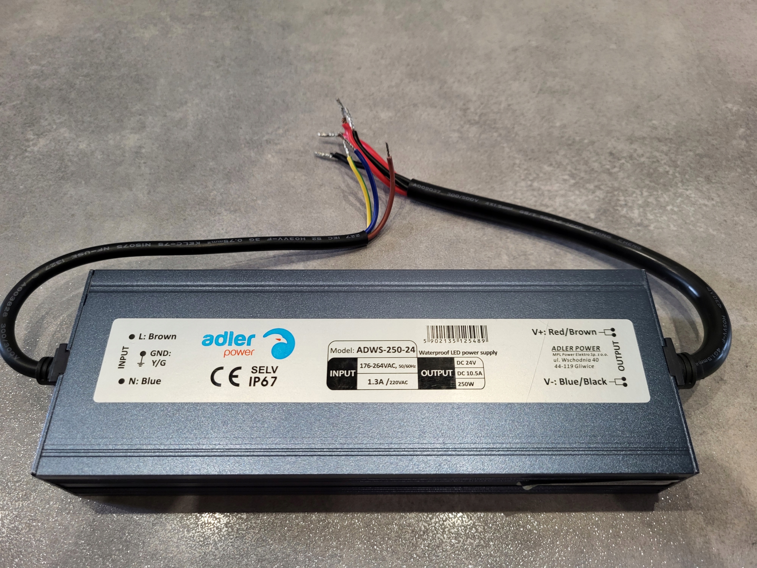 Zasilacz 24V DC 250W Do Taśmy LED Hermetyczny Wodoodporny Wodoszczelny IP67 Kod producenta ADWS-250-24