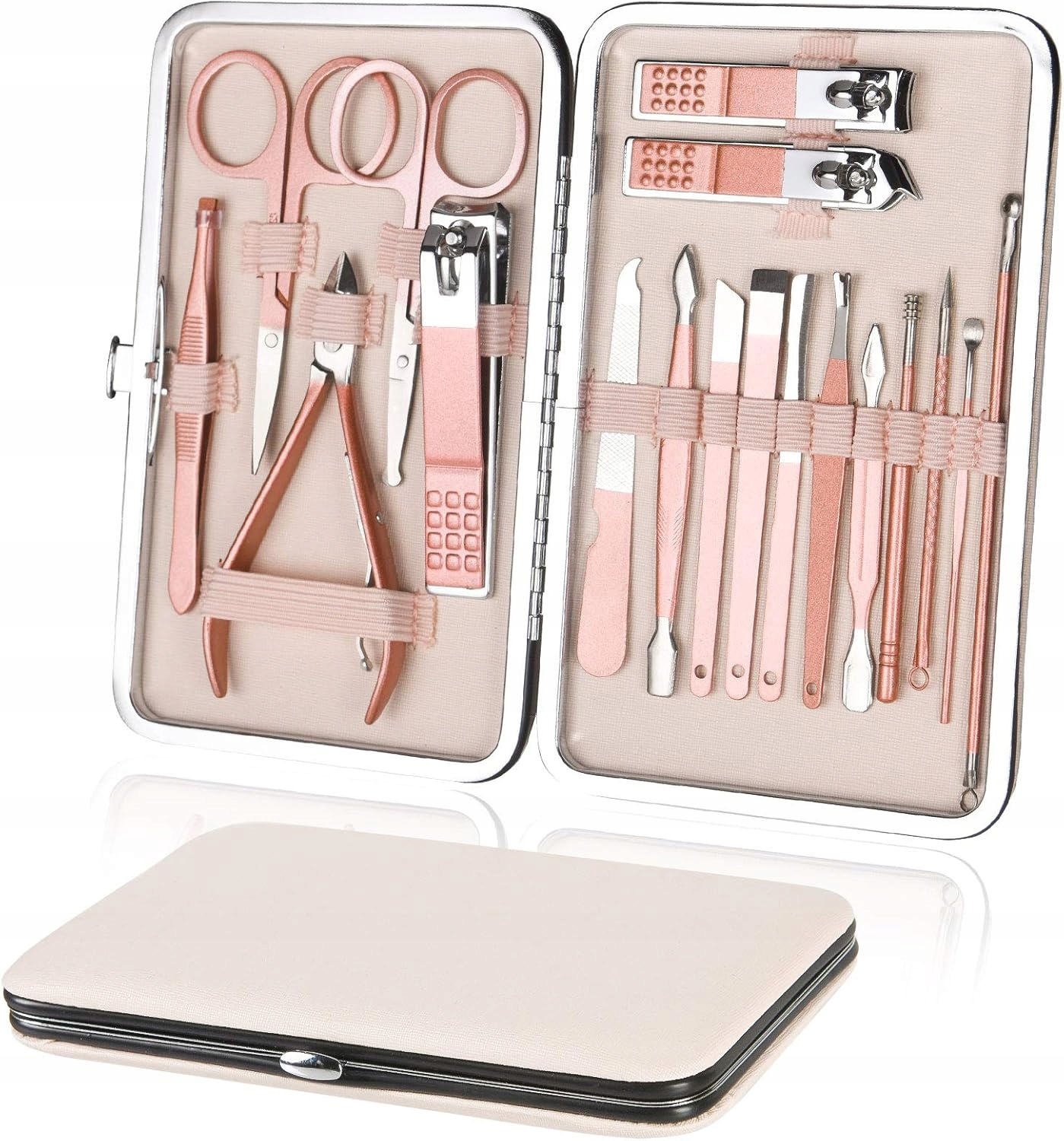 ZESTAW DO MANICURE PEDICURE BRWI KOMPLET 18 ELEMENTÓW STAL NIERDZEWNA ETUI