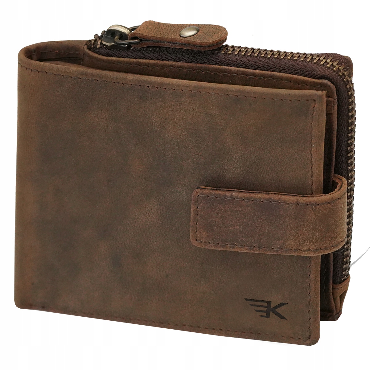 Kochmanski cienki skórzany portfel męski brązowy Rfid z kieszonką na zamek