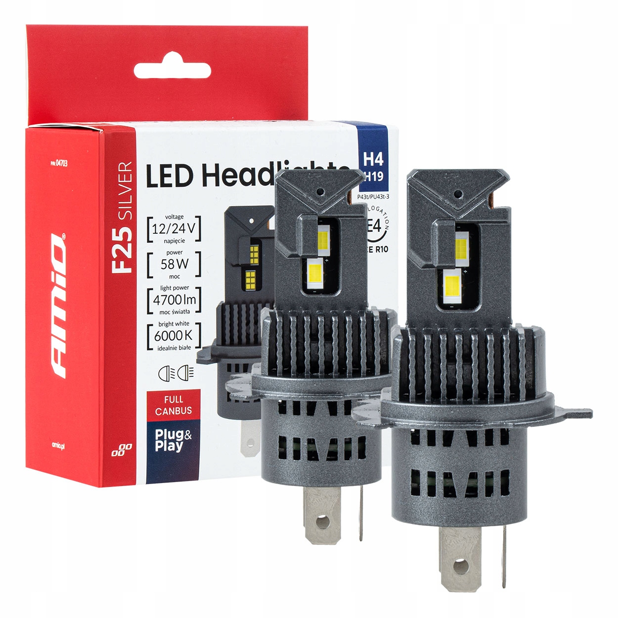 Żarówki samochodowe Led F25 Silver Full Canbus 58W H4 H19 12V 24V Amio