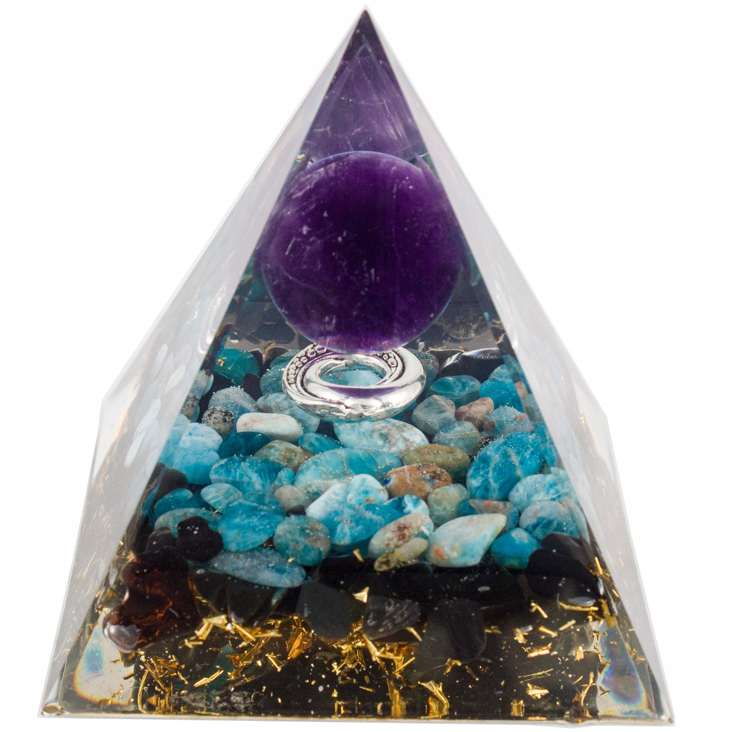 Pyramida Orgonit Obsydian Apatit Ametyst Pryskyřice Zářič Čakry 6 cm