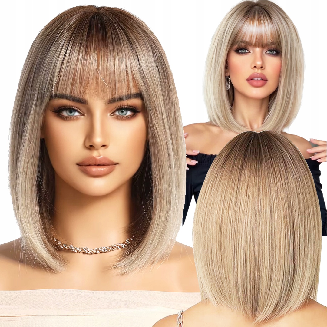 Bob Blond Ombre Dámská Paruka S Rovnými Vlasy A Syntetickou Ofinou Wig 35 cm