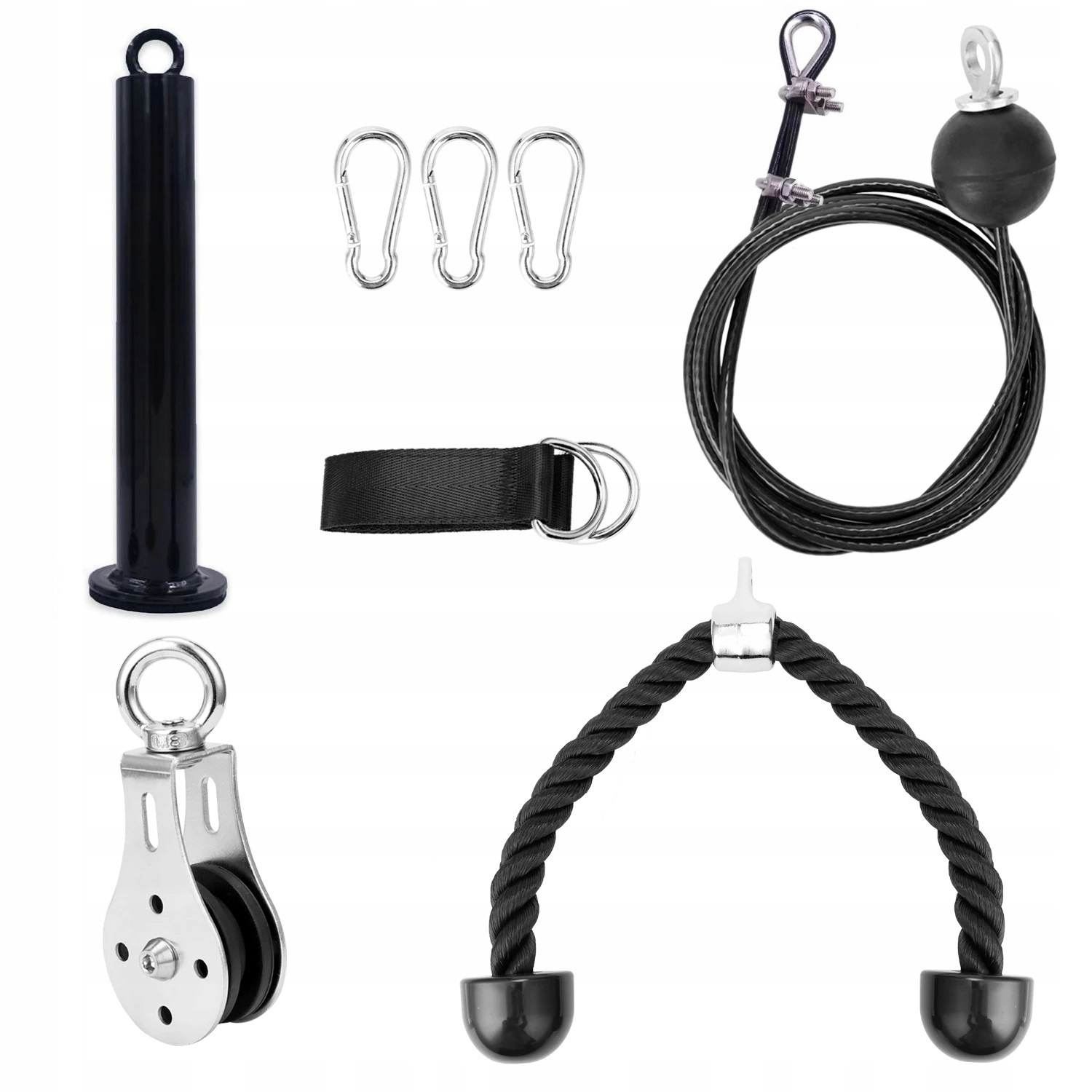 Závěsná Posilovací Kladka pro cvičení, sada: hrazda o průměru 4,8 cm, lanko 2,5 m, rukojeť Šňůra