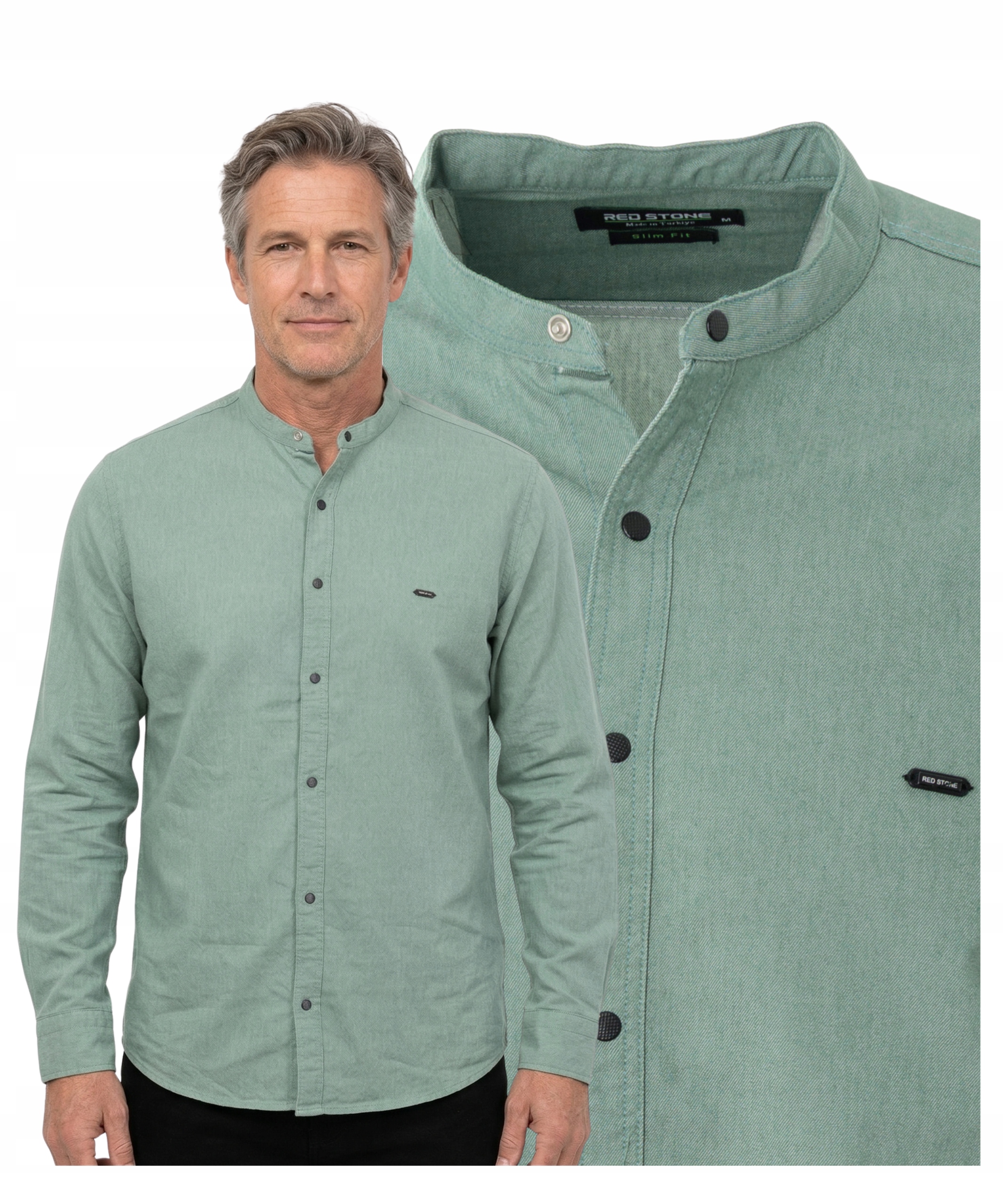 Koszula męska na stójce bawełniana stylowa zielona Wiosenna Roz L gładka