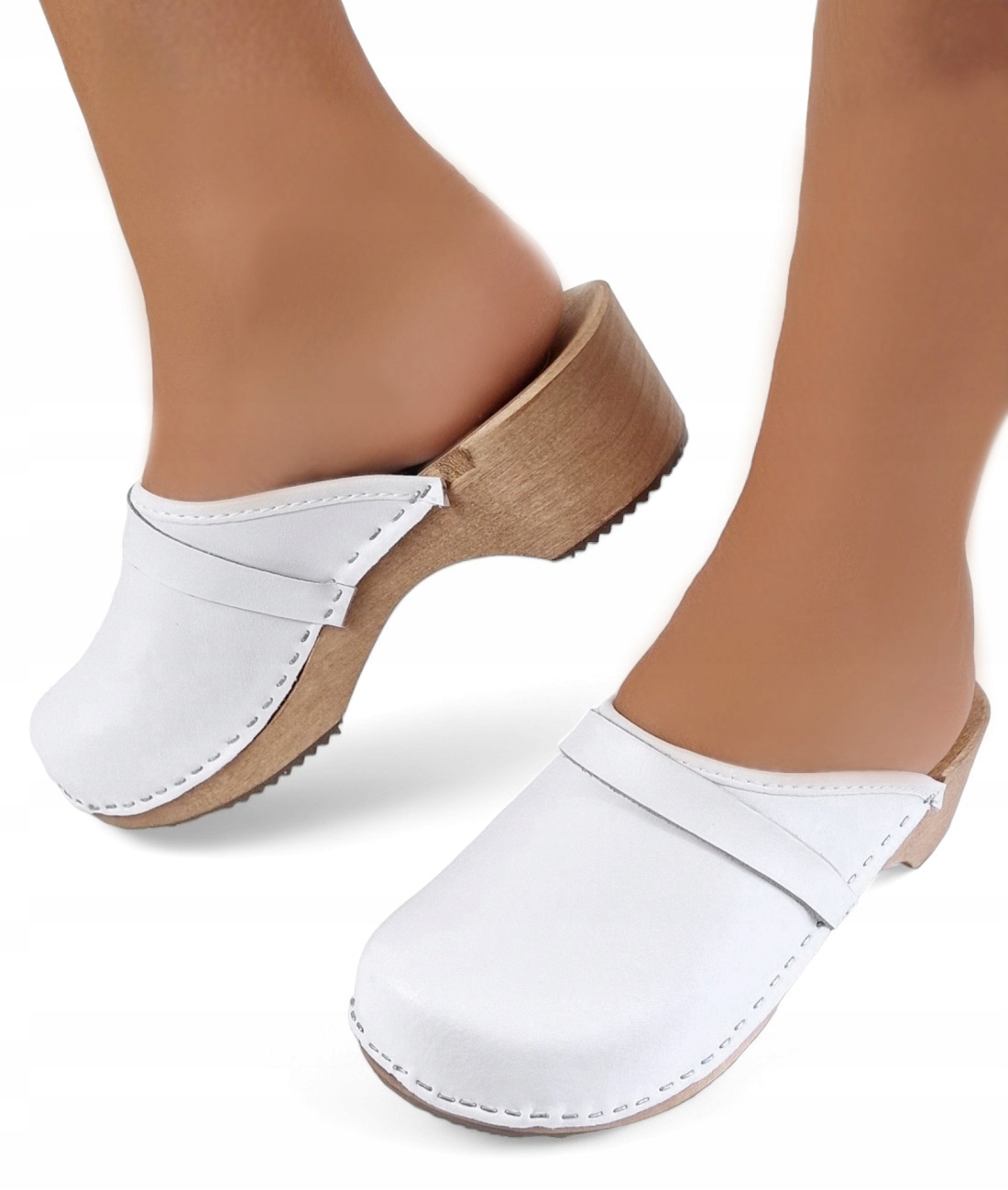 BIAŁE Drewniaki Pełne Proste Skórzane Klapki Chodaki Damskie Medyczne *42*