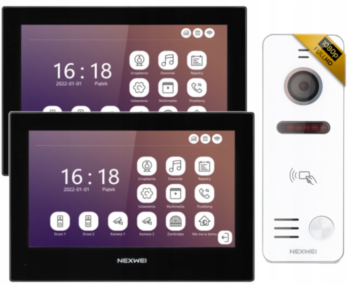 Wideodomofon Nexwei 1080P Czytnik Wifi Aplikacja IP65 2 Monitory Klawiatura