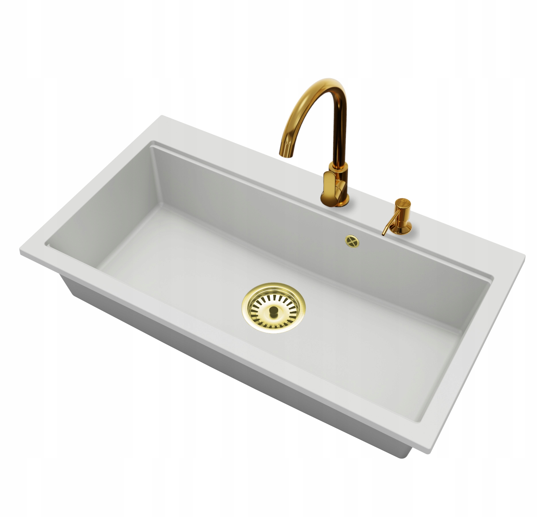 Granitový dřez Jednokomorový Elite 90 Baterie Dávkovač Sifon Zlatý