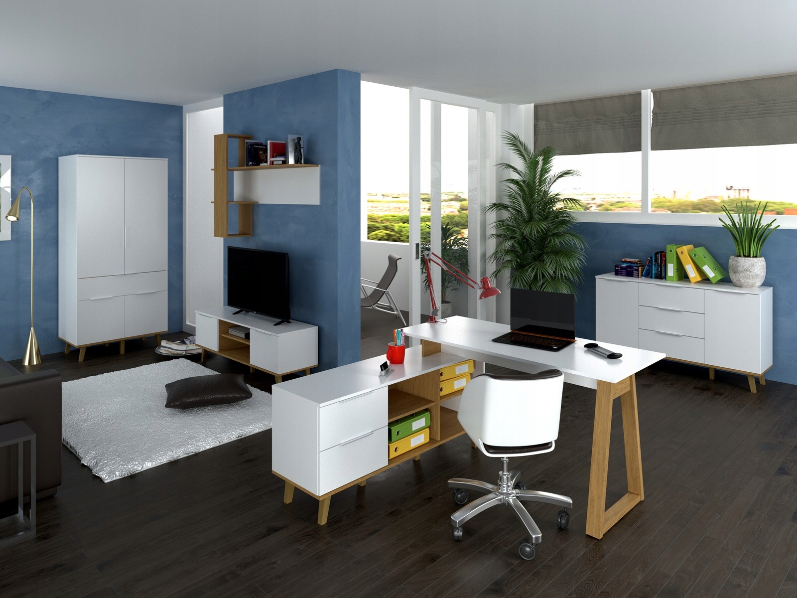 KOMODA BIAŁA Z SZUFLADAMI I PÓŁKAMI młodzieżowa komody do biura NE-05 Szerokość mebla 90 cm