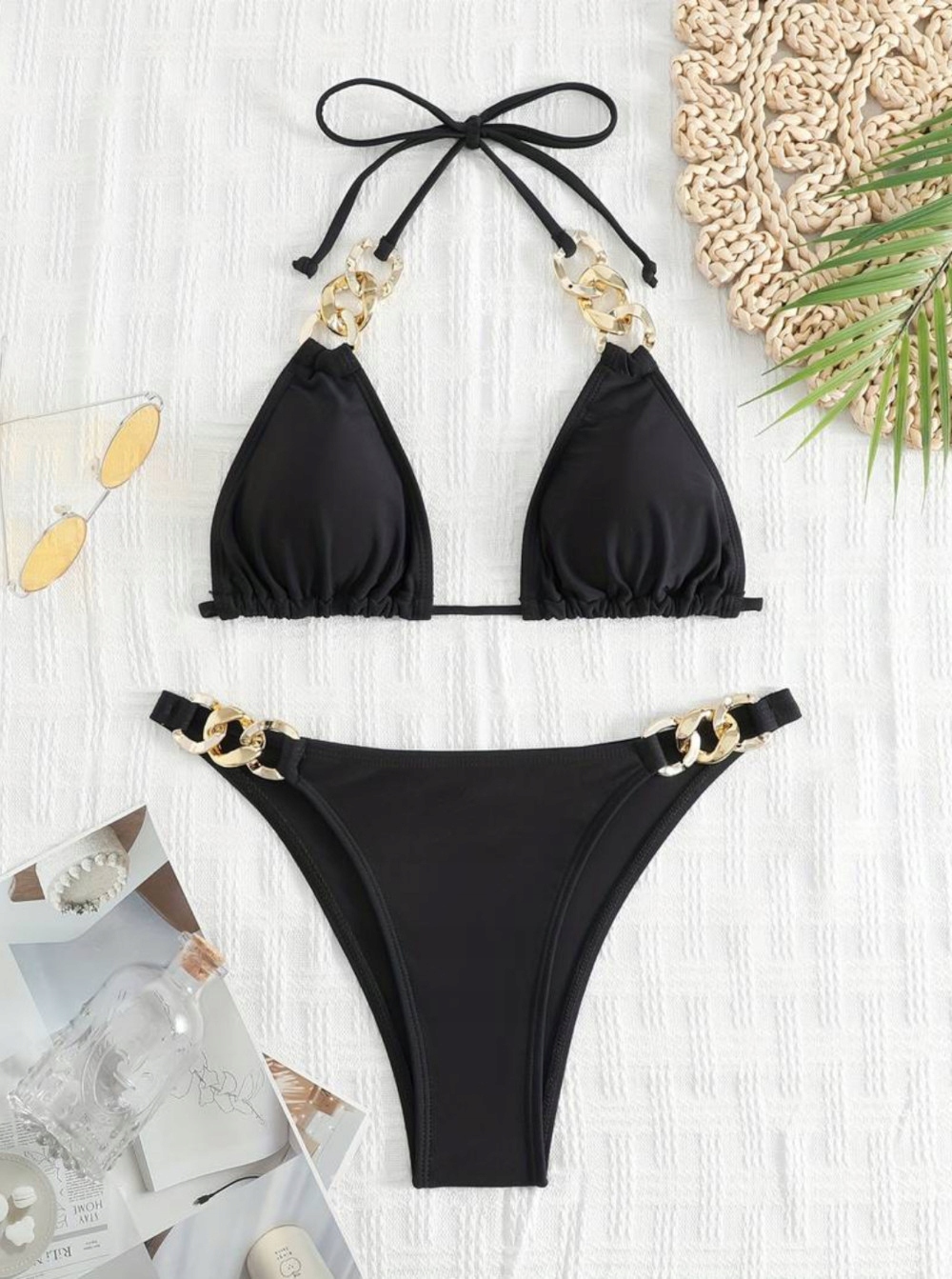 STRÓJ KĄPIELOWY DWUCZĘŚCIOWY KOSTIUM SEXY BIKINI ZŁOTE WIĄZANIE KOLORY S Wzór dominujący bez wzoru