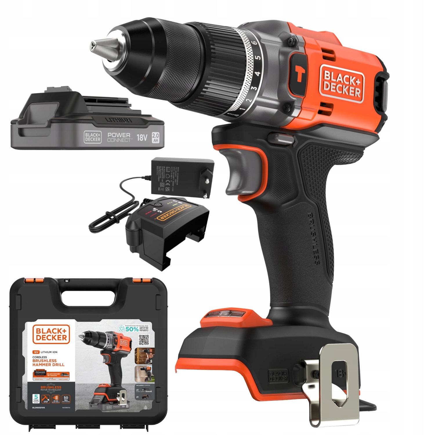 Wiertarko-wkrętarka udarowa 18V 50Nm 2Ah walizka Black Decker BLD683D1XK