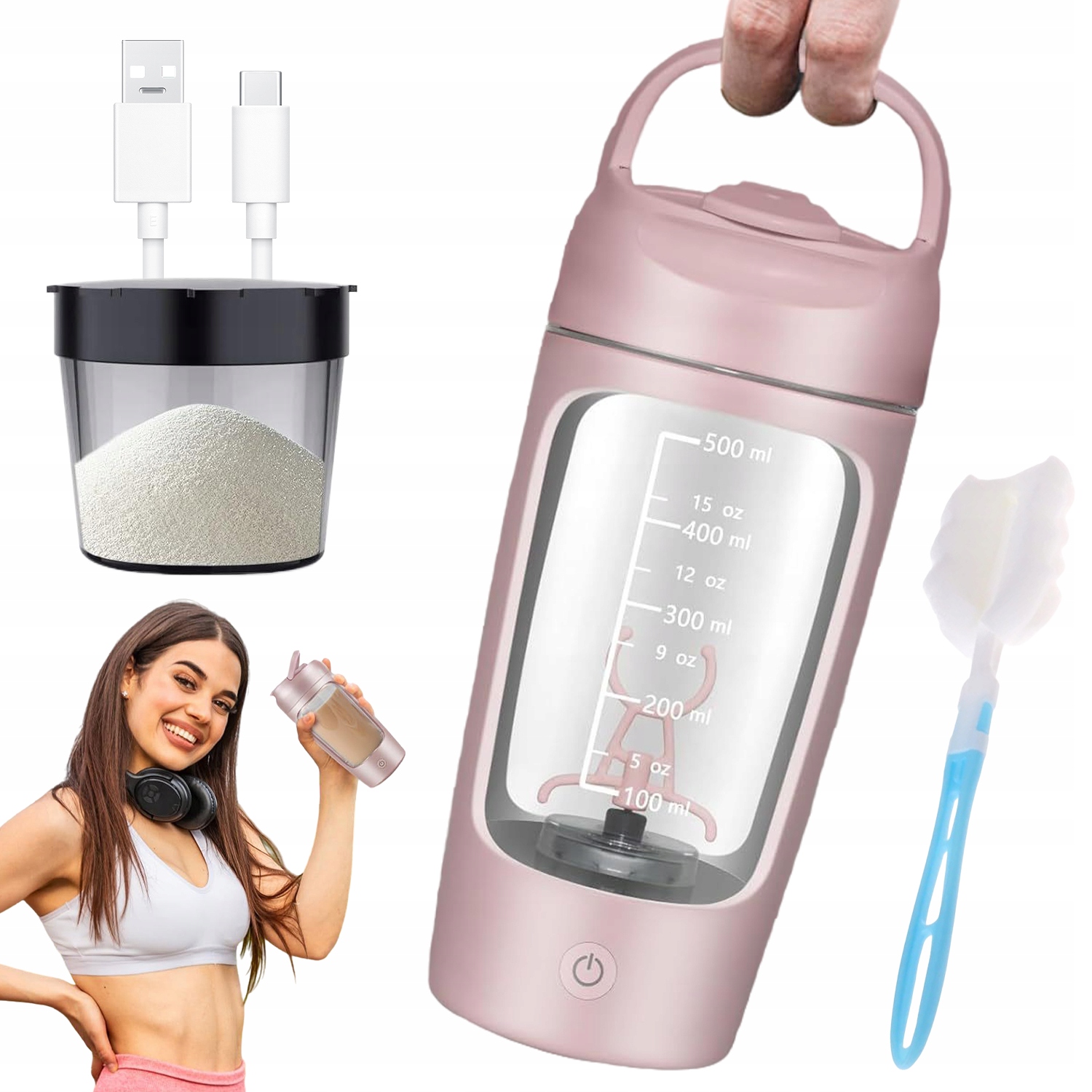 Szejker Do Odżywek Shaker Przenośny Elektryczny Usb Różowy 650ML