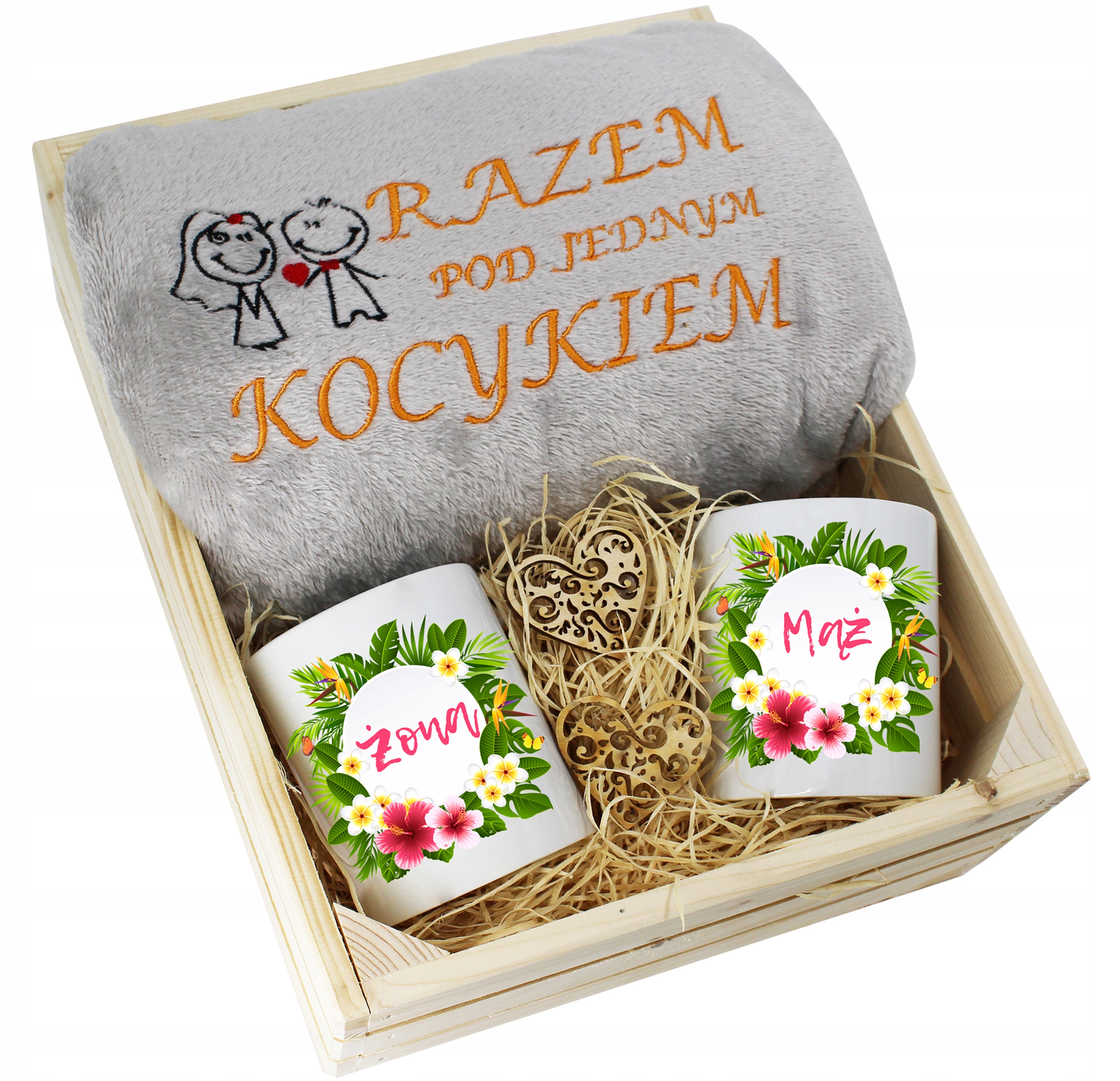 Ślubny Zestaw Koc 160x200 Kubki Żona Mąż