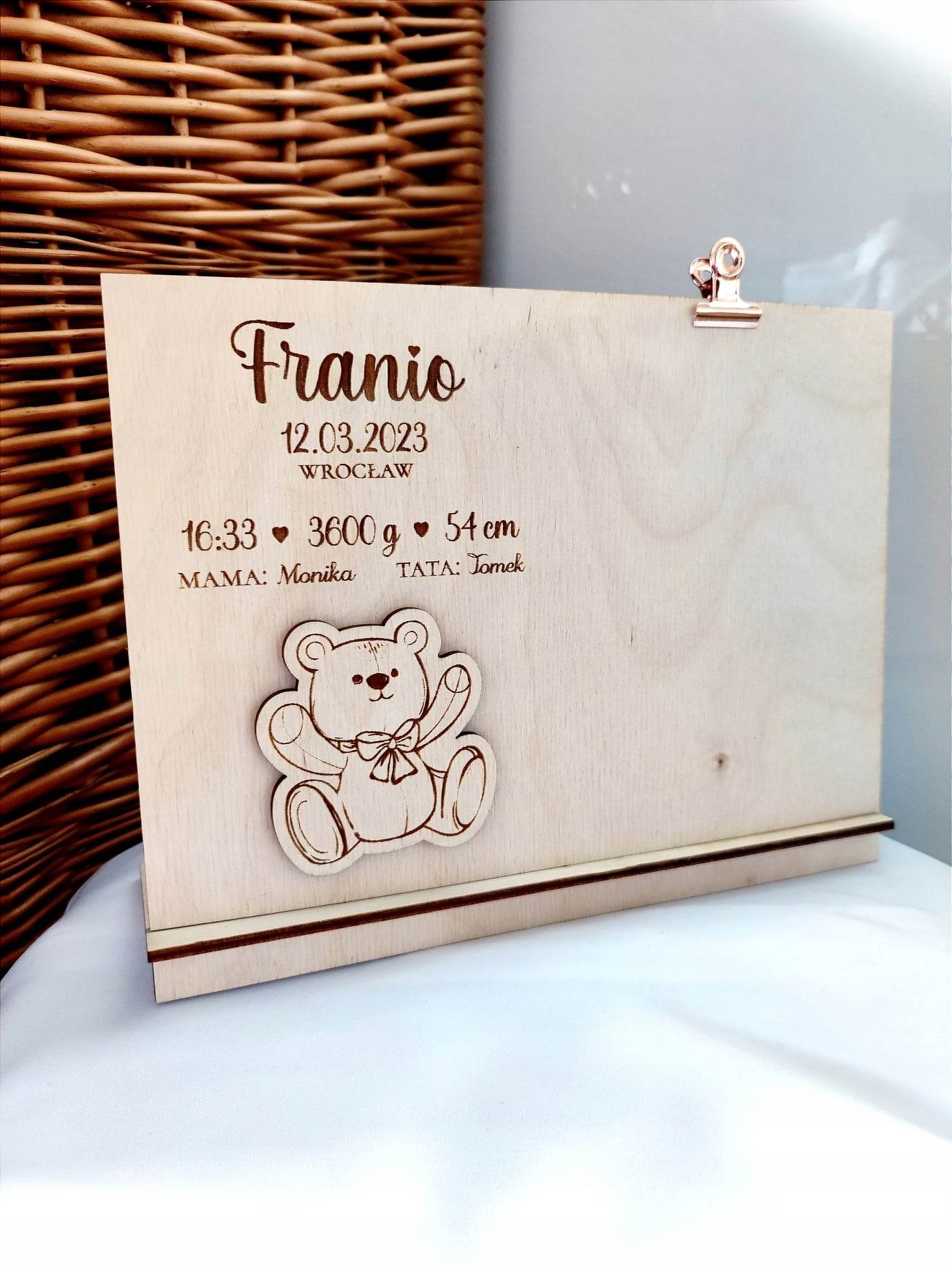 Prezent na roczek Chrzest metryczka ramka Materiał drewno