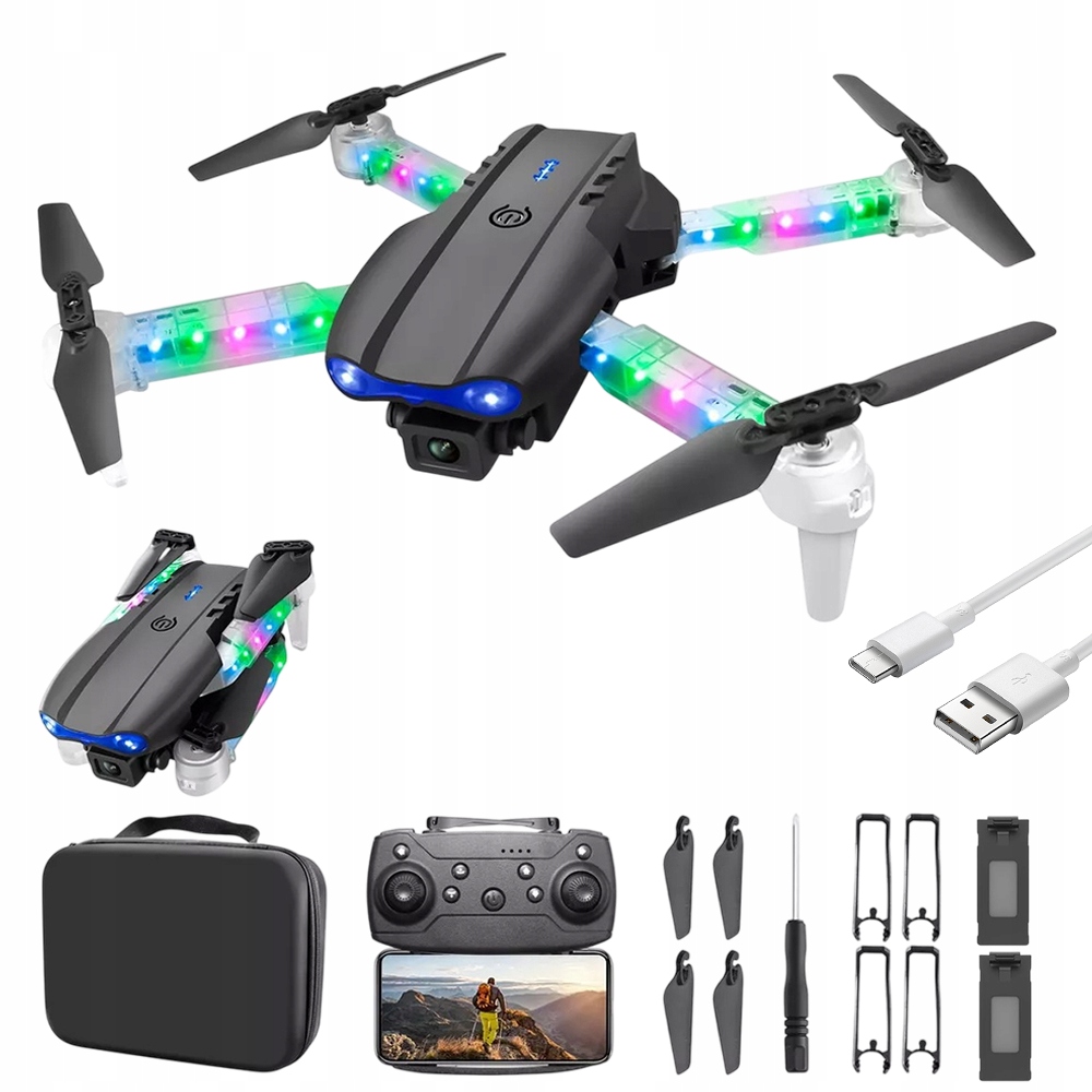 Dron E99D Kamera Hd Wifi Dosah 100 M Skládací Kvadrokoptéra Se Světlem Baterií