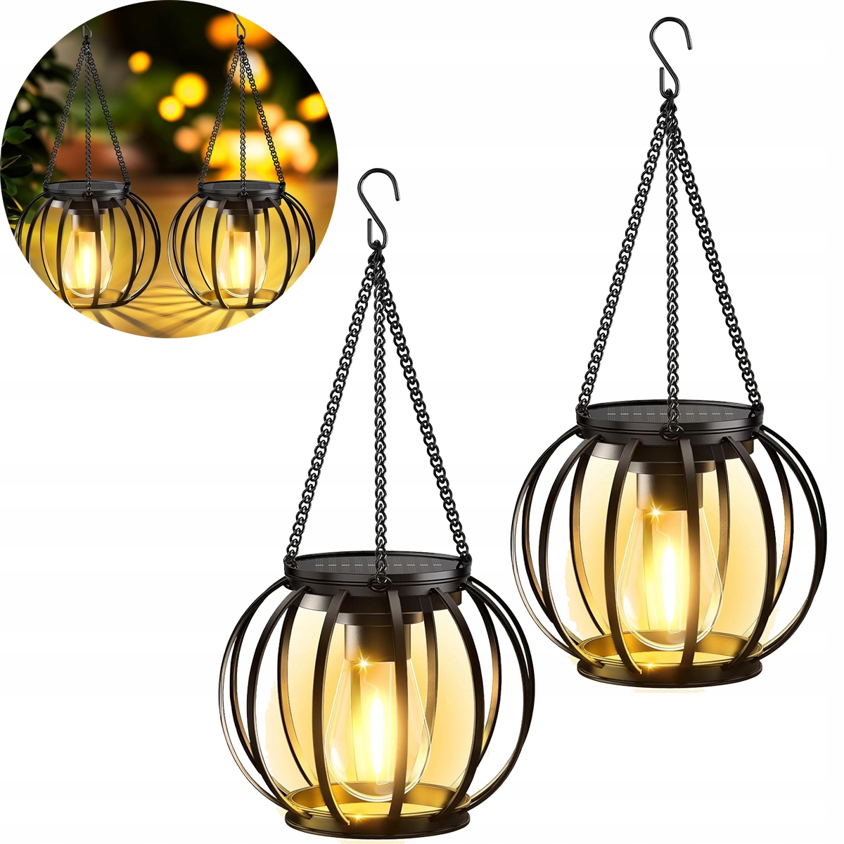 2SZT Latarenka solarna ogrodowa Led metalowa wisząca retro czarna IP65