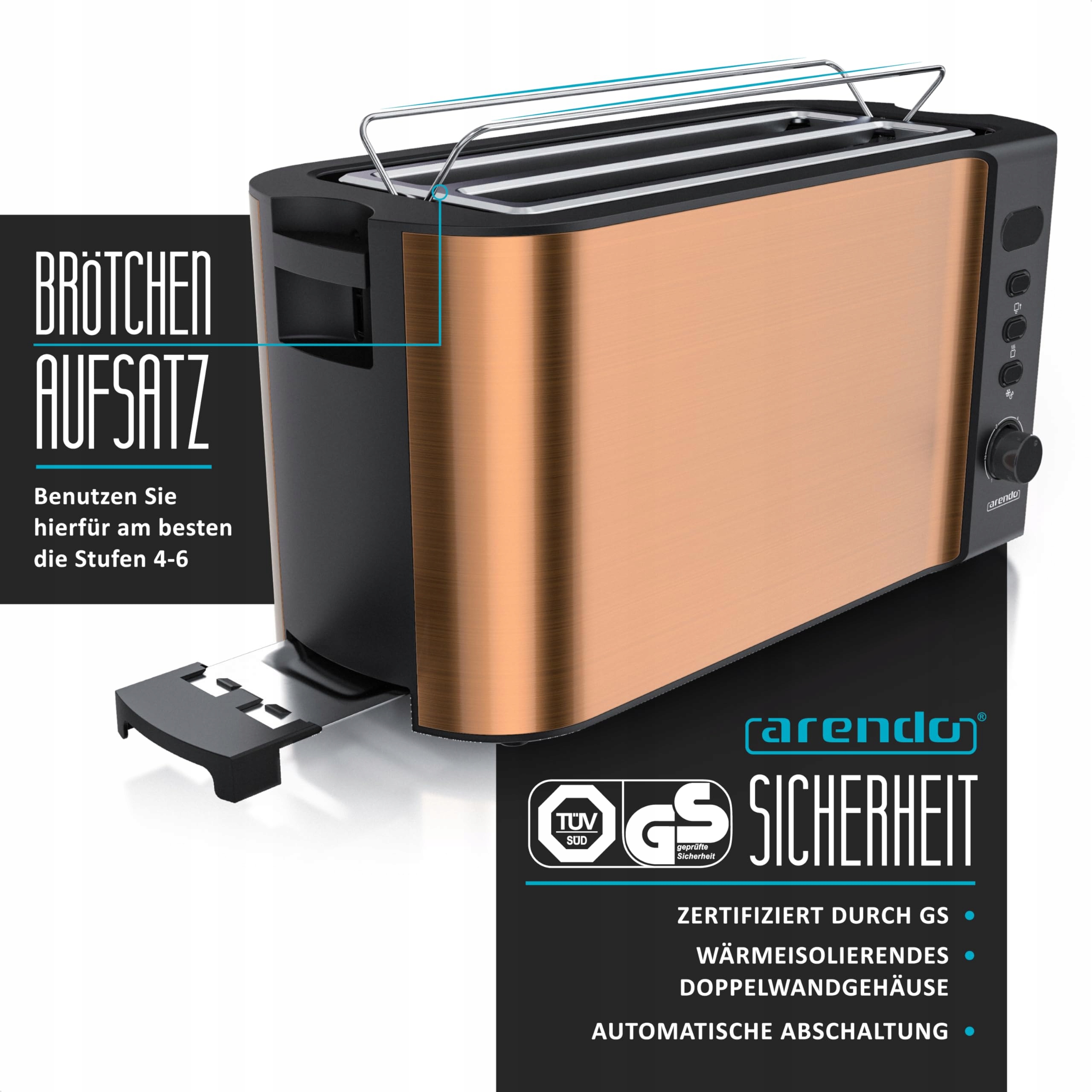 ARENDO Toster Długi 4 Kromki, Rozmrażanie, 1500W, Miedziany — miniatura 2