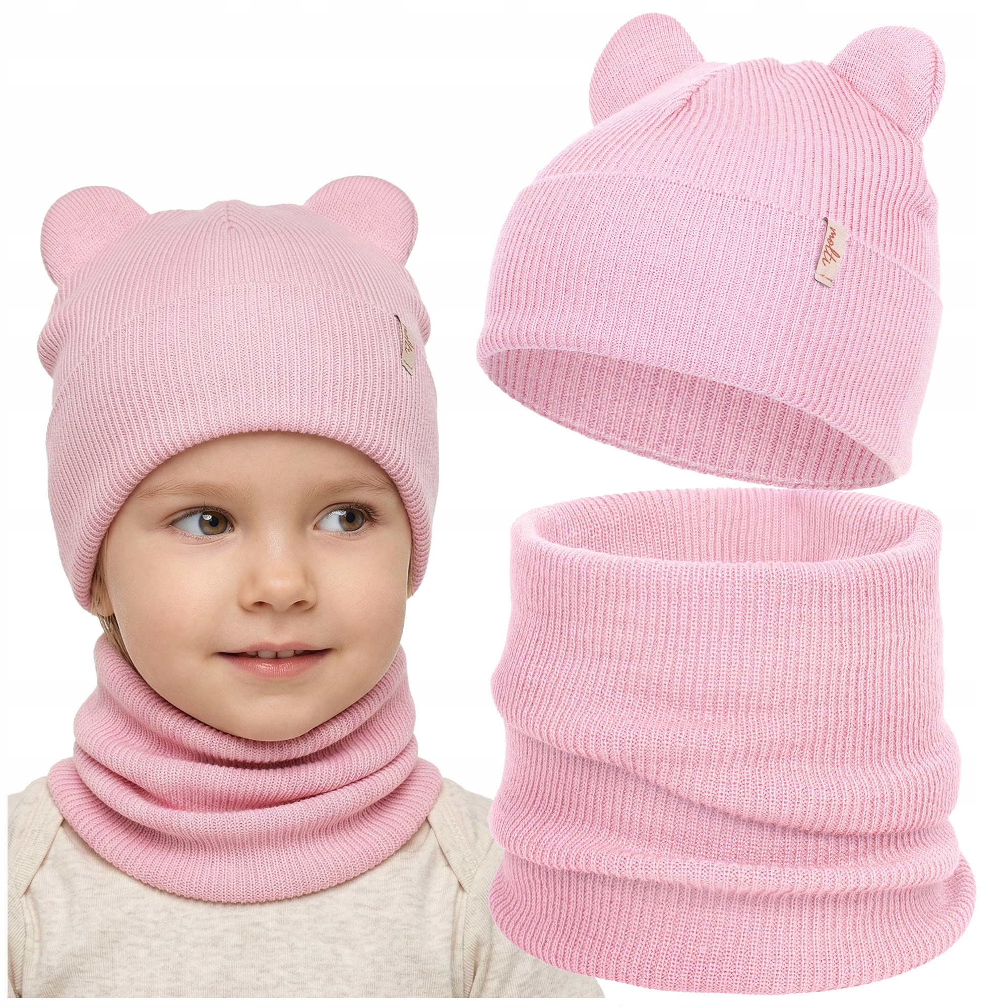 Komplet dziecięcy Czapka Komin z wełny merino uszkami oddychający wiosenny