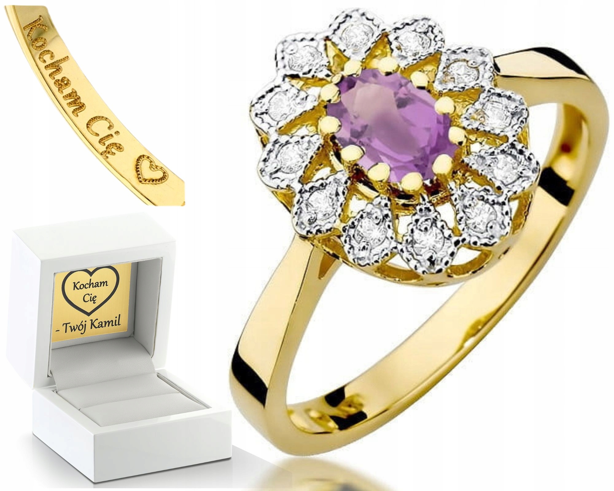 Žluté Zlato Prstýnek Ametyst Gravírování Bonus 585 Dárek