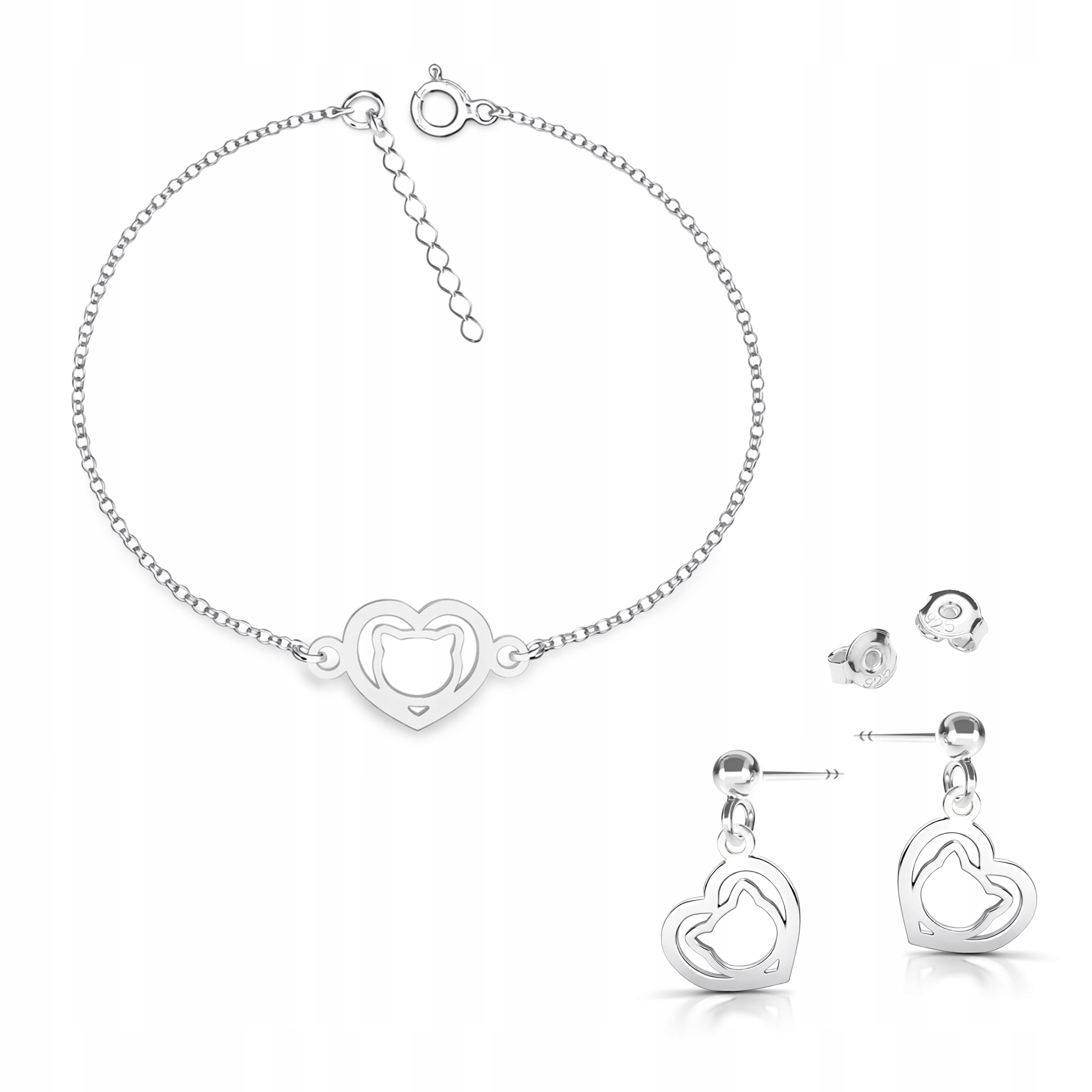 Stříbrný komplet šperků Kočka v srdci Minimalistický styl Stříbro 925