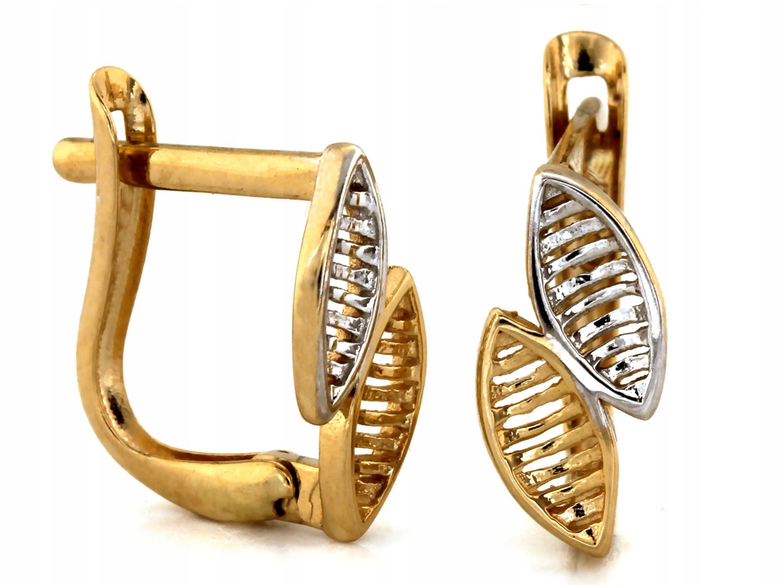 Náušnice zlaté jemné 585 ažurové lístky mandlí s bílým zlatem 14kt