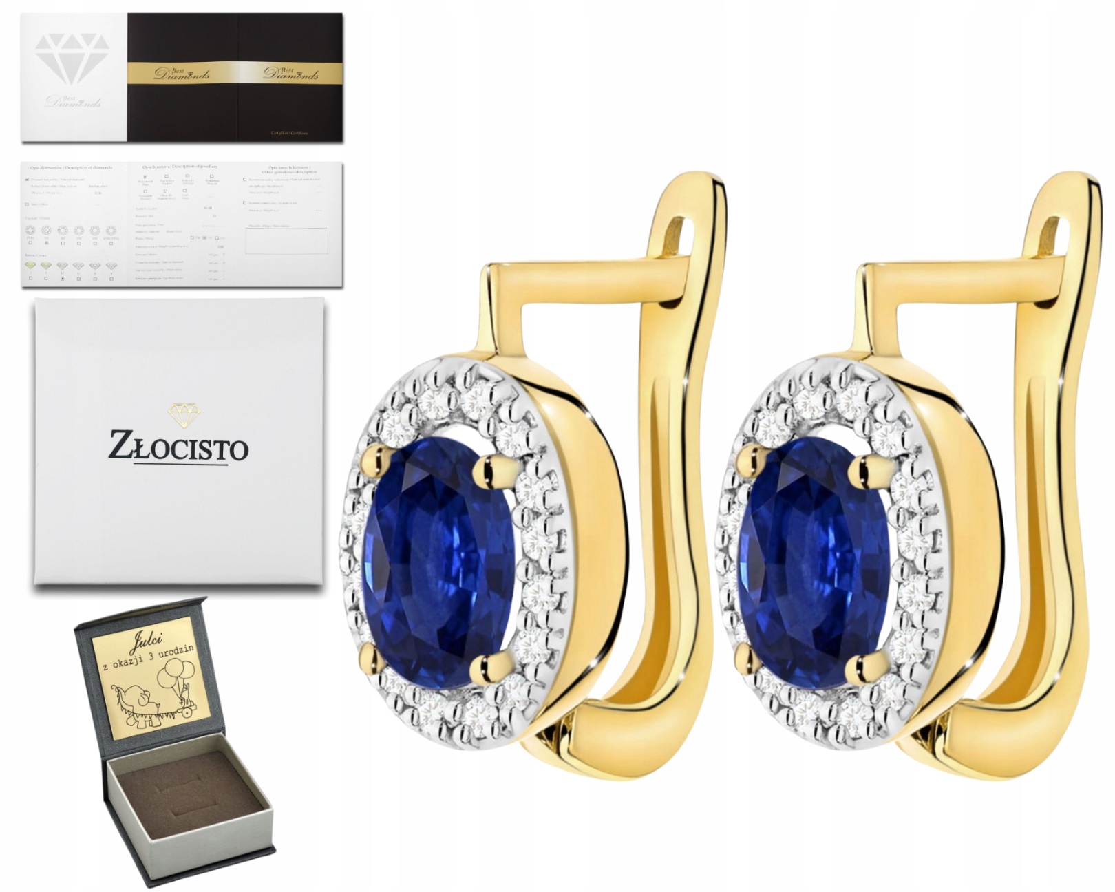 Zlaté Náušnice Přírodní Kámen Safír Diamanty Zlato Anglické Zapínání