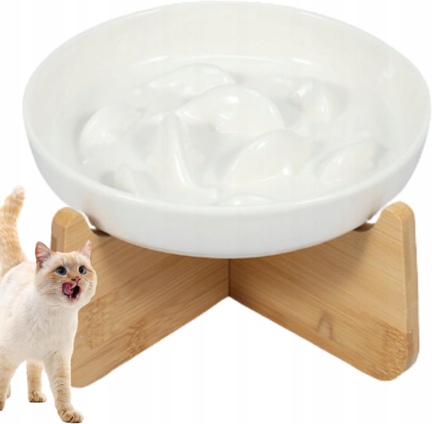 Levně Protipožárová miska kočka pes keramická s bambusovým podstavcem bílá
