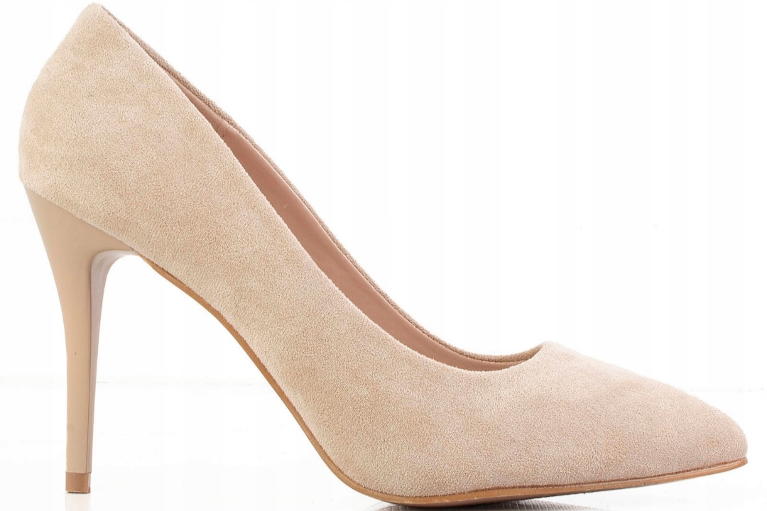 7261 Beżowe Zamszowe Szpilki W Szpic Czółenka 37